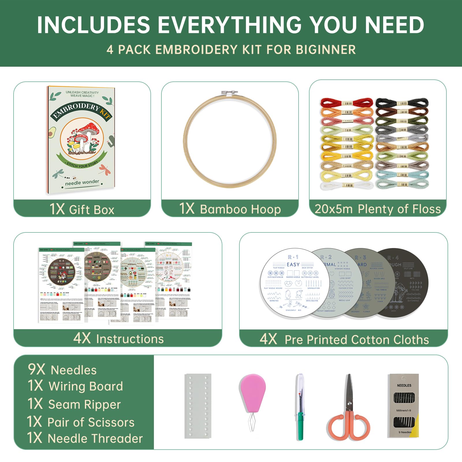 Dazhqp Kit da ricamo per principianti adulti, confezione da 4 kit per ricamo con 38 punti guida passo passo e video, pre-modelli, fili, aghi e cerchio, kit artigianali per adulti