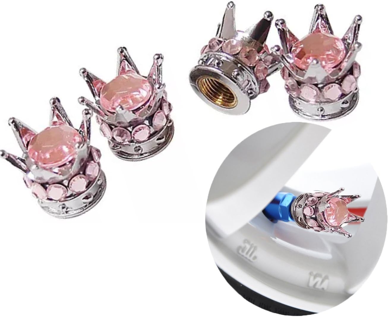 Silver Crown Light Pink Diamond Stones Chrome Plated Car Wheel Tire Tyre Valve Dust Caps Covers Tire Set of 4 (Silver Crown with Light Pink Stones)