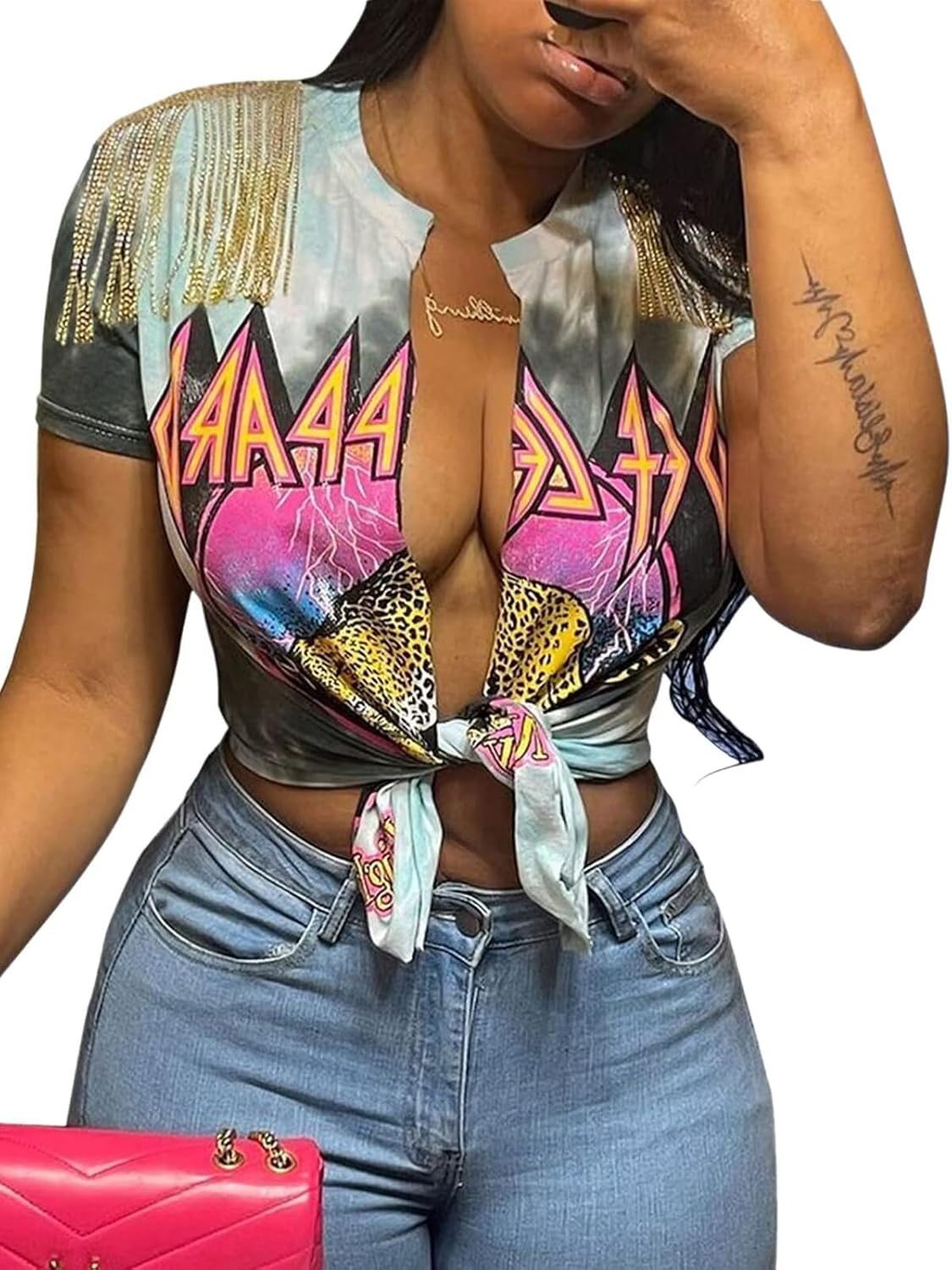 Sexy Graphic Tees for Women Tie Up Front Deep V Neck Top Short Sleeve Print Tassel Shirts