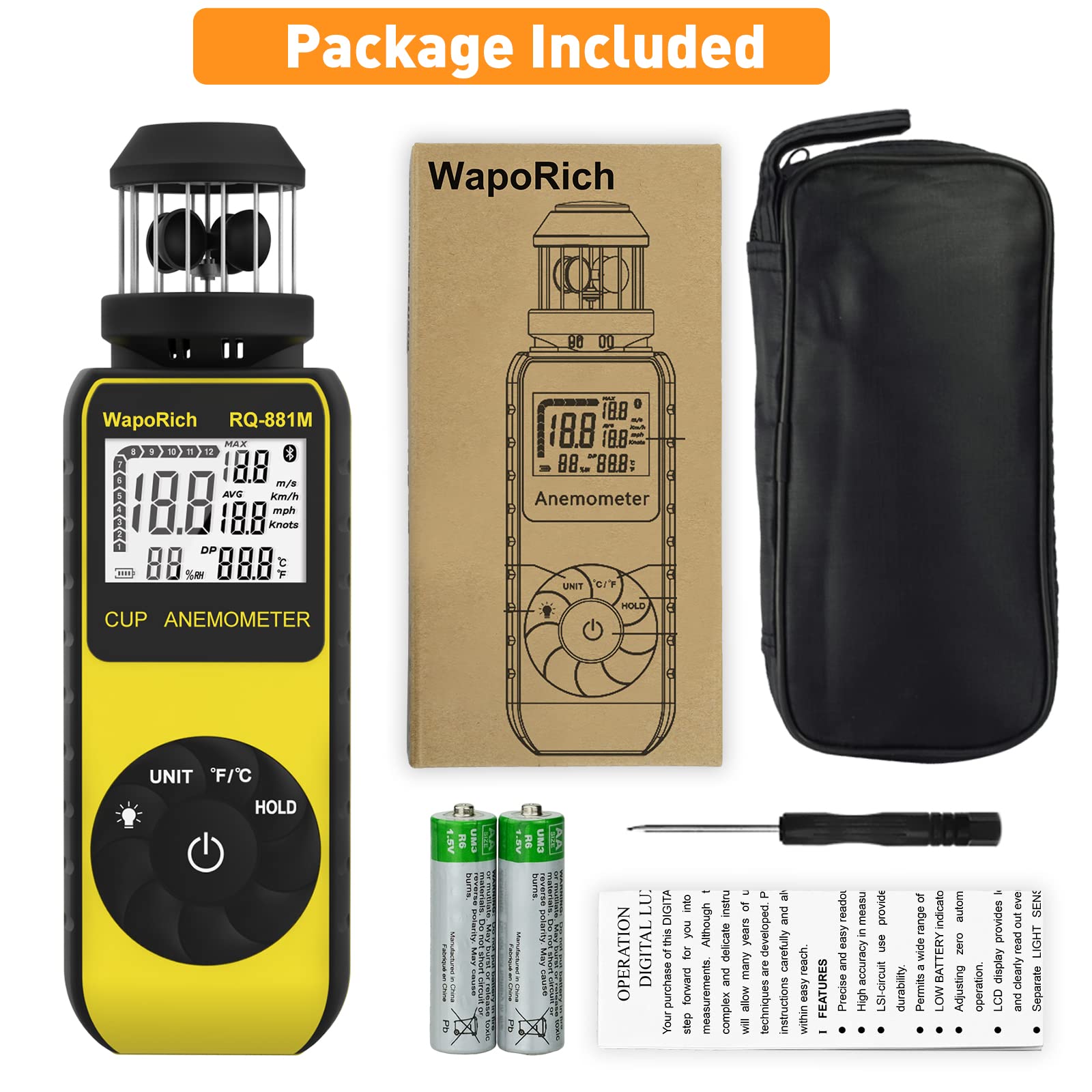 Cup Windmesser Handheld 360° Wind Speed Meter Gauge RQ-881M 0,7-42 m/s Temperatur Kompass für HVAC Segeln Drohnenflug