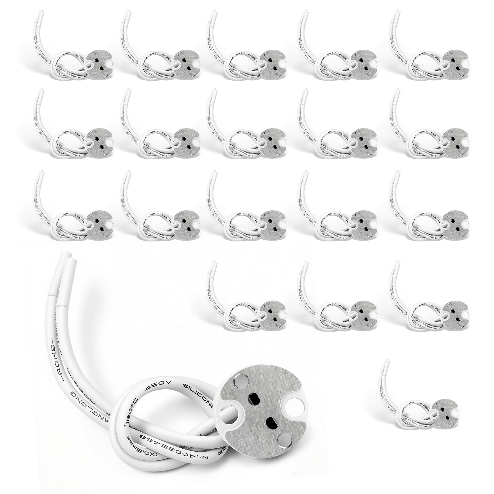 LteelDay 20er Pack GU5.3 Fassung mit 120mm Silikonleitung – Keramik MR16 Lampenfassung vorkonfektioniert, abgewinkelt, 200°C hitzebeständig, für 12V LED & Halogen Leuchten