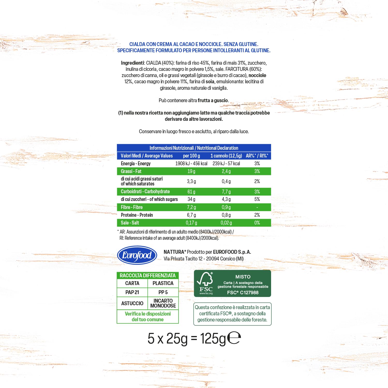 NATTURA Cannolo Crunch Bio Cacao e Nocciole, Croccanti Cialde di Riso e Mais Ripiene di Crema alle Nocciole e Cacao, Snack Senza Glutine e Senza Lievito, Prodotto Vegano Senza Olio di Palma, 24 x 25 g