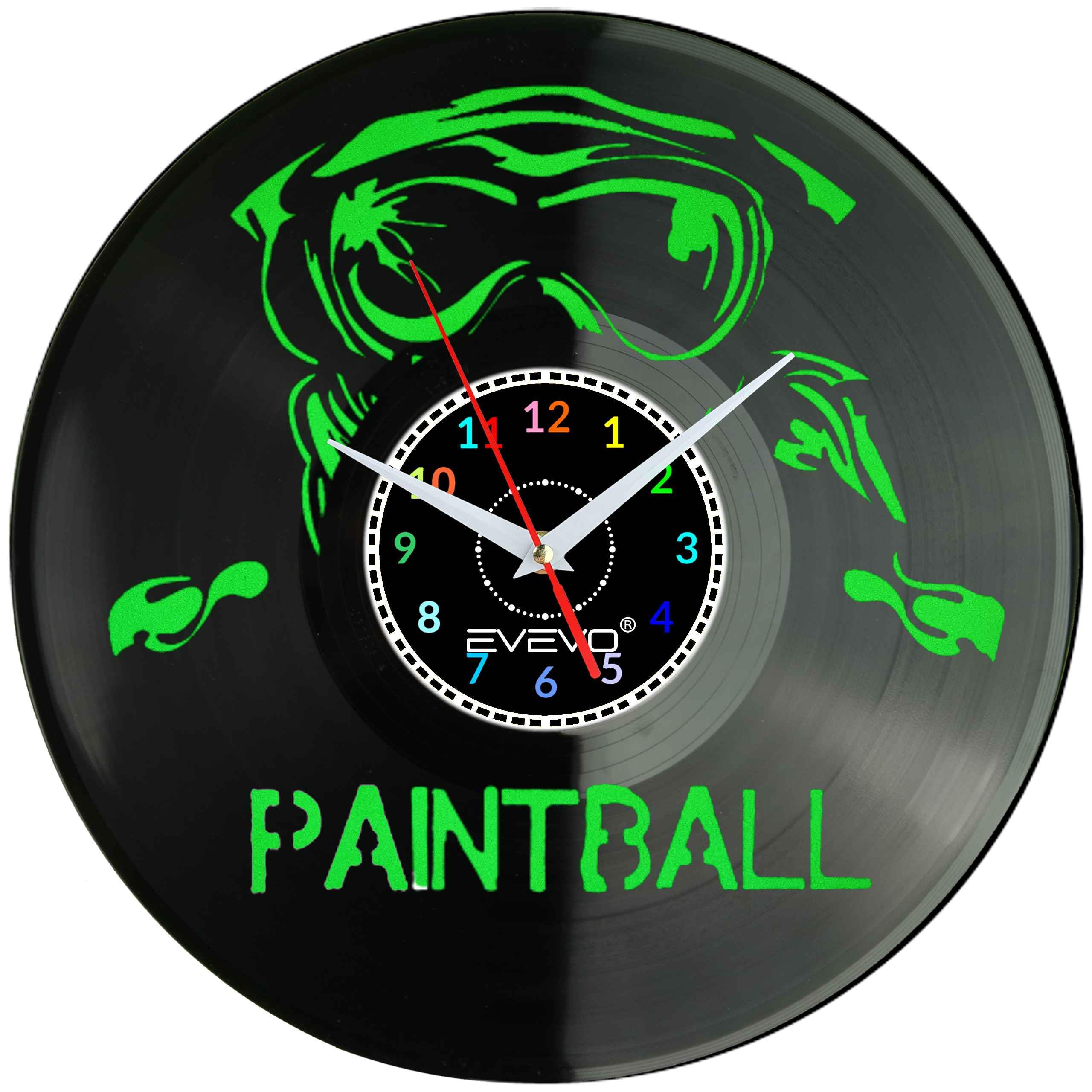 PAINTBALL STRZELANKA ZEGAR ŚCIENNY FLUORESCENCYJNE TŁO PŁYTA WINYLOWA PREZENT UPOMINEK URODZINY GIFT EVEVO F0024