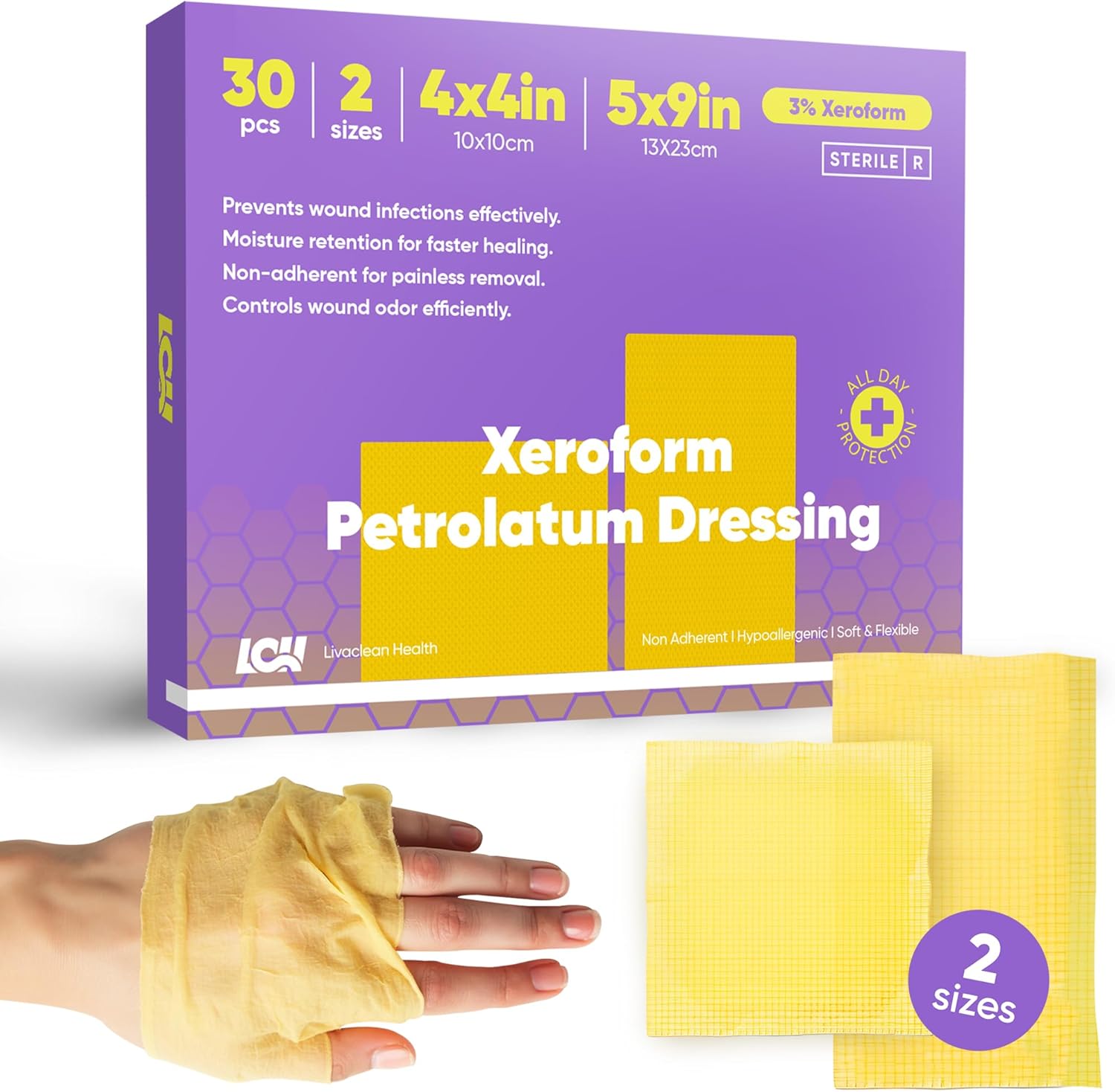 30 CT Xeroform Petrolatum Dressing – Non Stick Gauze Pads – 4" x 4" & 5" x 9" Occlusive Dressing – Fine Mesh Sterile Petroleum Gauze Dressing for Wound Care, Burns, Lacerations, & Skin Grafts