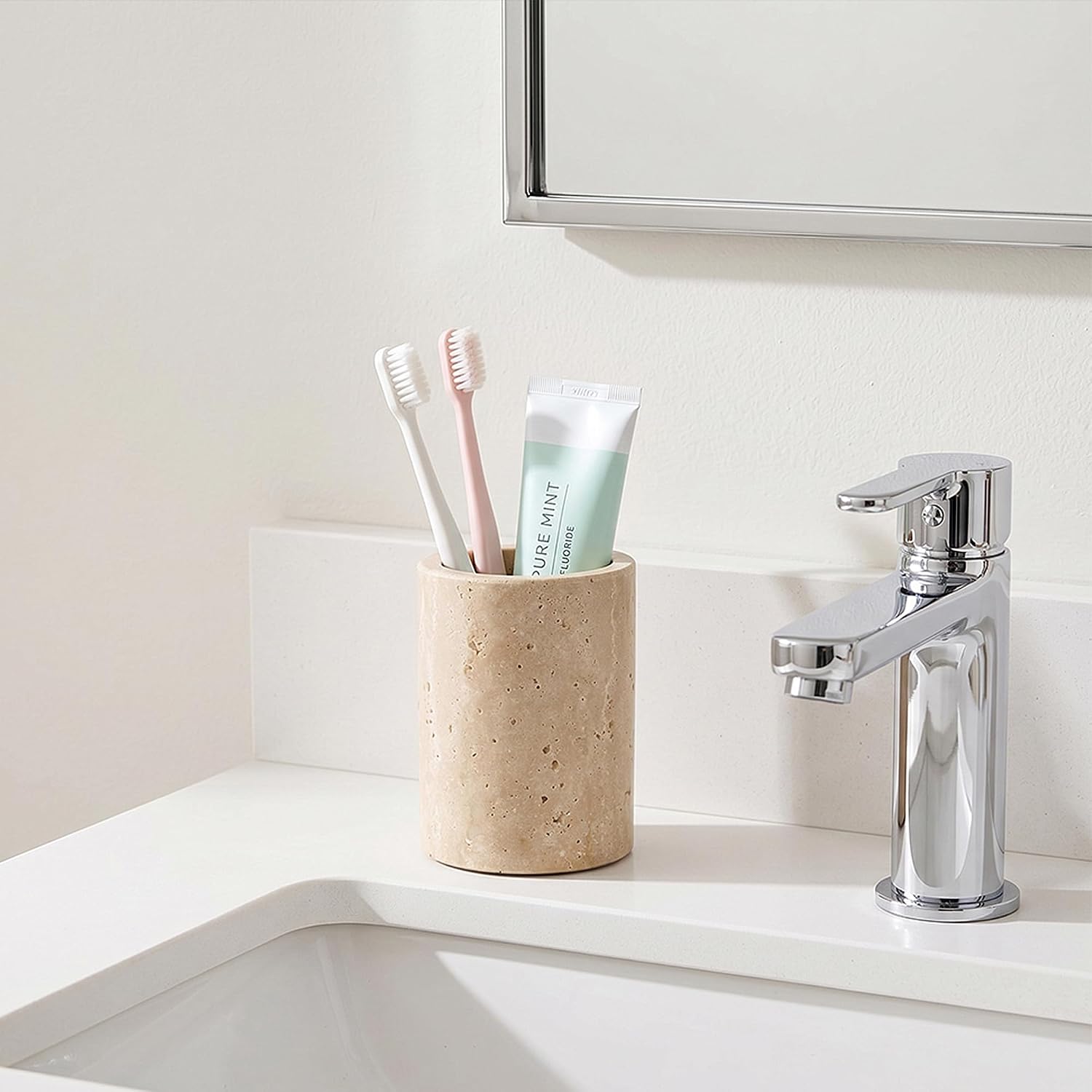 Travertine Stone Pen Holder for Desk, Handcrafted Volakas Sturdy Desk Organizer for Office Supplies Storage Desktop Stationary Makeup Brushes Cup Pencil Holders for Home Beige (WH101) image 5