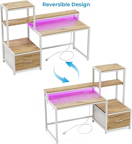 Miniatura 17 de GreenForest Escritorio de oficina con tomas de corriente y estante para impresora, escritorio de computadora de 59 pulgadas con LED y cajón,