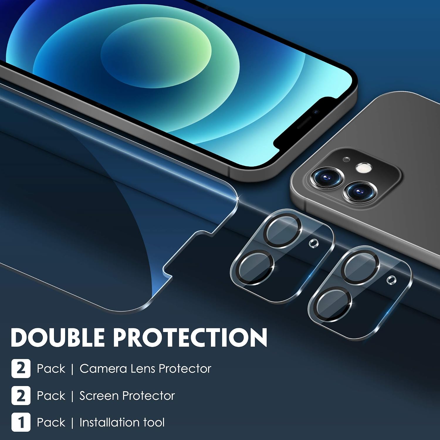 [2+2] UniqueMe Screen Protector Compatible with iPhone 12 (6.1inch) [Not for iPhone 12 Pro], 2 Pack Tempered Glass + 2 Pack Camera Lens Protector, [Alignment Frame Easy Installation][U-Shaped Cutout]