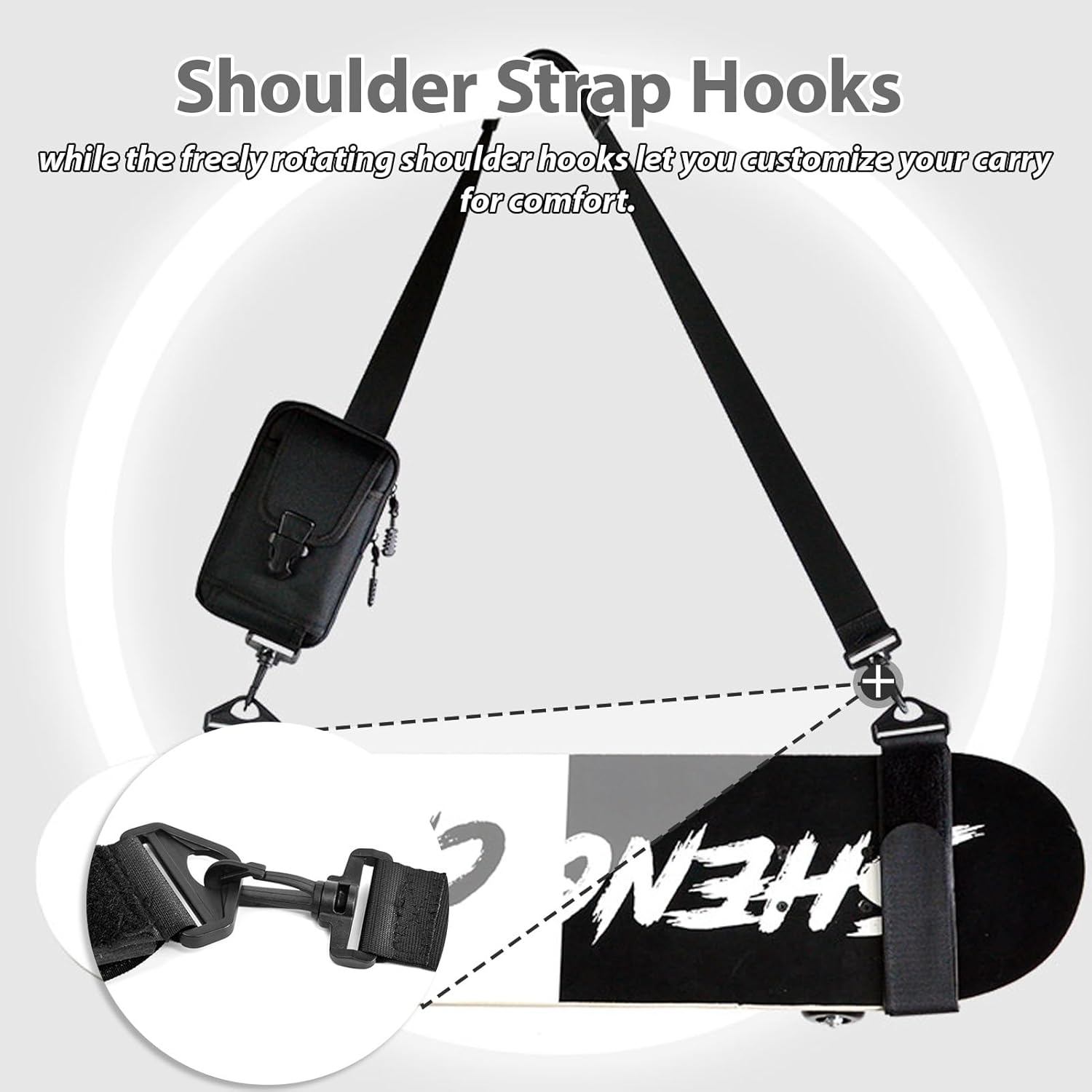 Folding Ski Carrier Straps with Detachable Pouch, Snowboard Rack w/Adjustable Shoulder Straps, Long Boards Skateboard Storage Organizer(Gray)