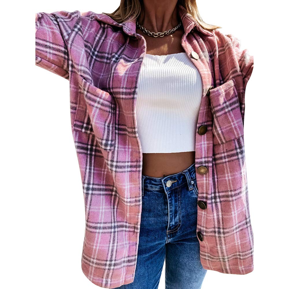 SurakeyWomen's Check Shirt Long Sleeve Button Down Plaid Blouse Plaid Flannel Shirts Casual Boyfriend Blouse Tops Oversized Jacket Overshirt Tartan Shirt Lightweight Plaid Flannel Shirt