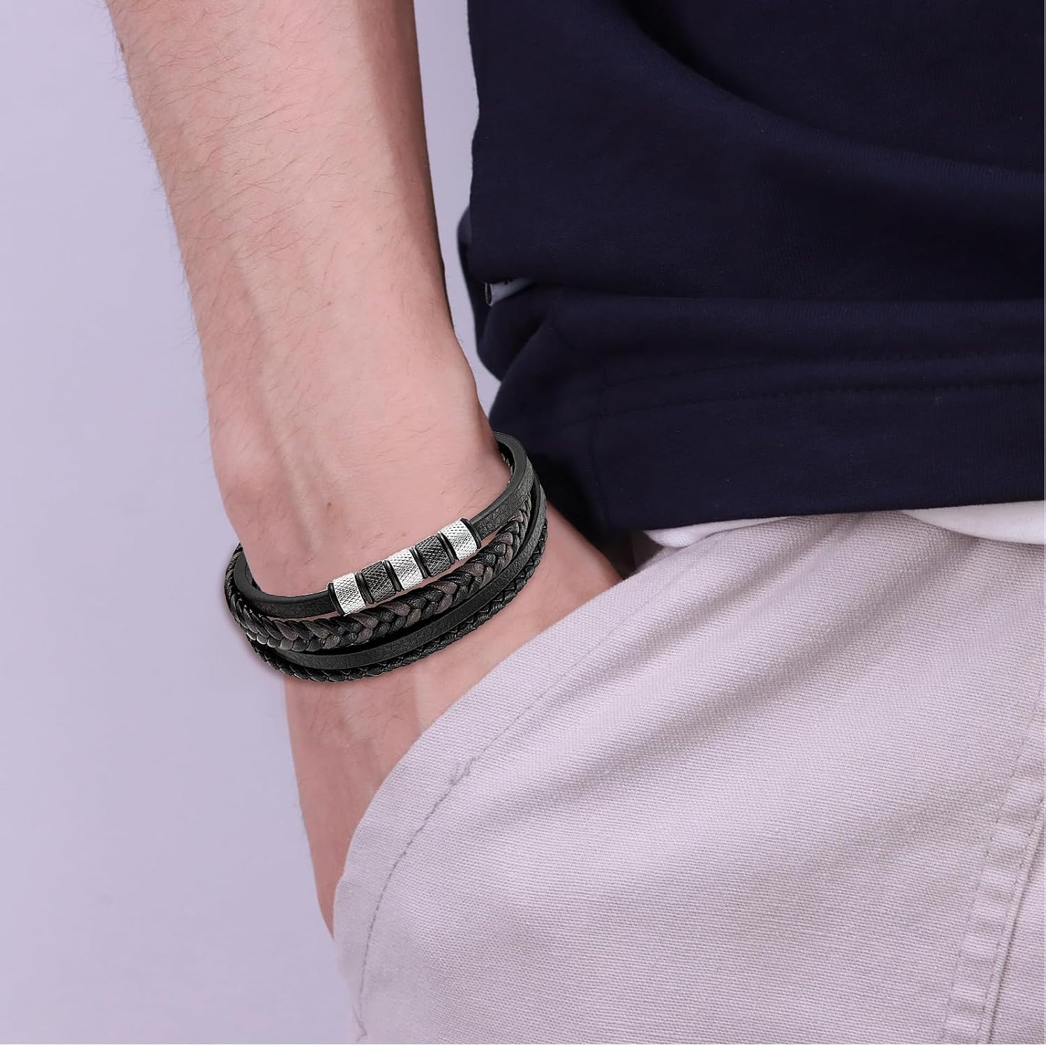 Leather Bracelets Gifts for Men: Handmade Braided Multi-Layer Genuine Leather Wristband Bracelet with Jewelry Gift Box and Card, Christmas Birthday Fathers Day Gift for Dad Son image 3