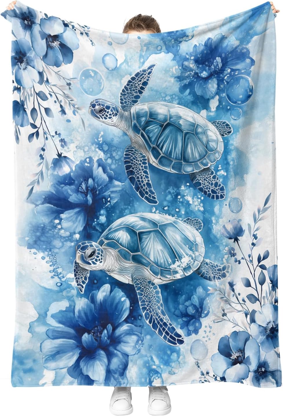 Sea Turtle Floral Blanket Blue Flowers Ocean Gifts for Women Kids Girls Birthday Christmas Mother's Day Mom Wife Sisters Female Friends Presents Colorful Throw Blankets 50"x60"