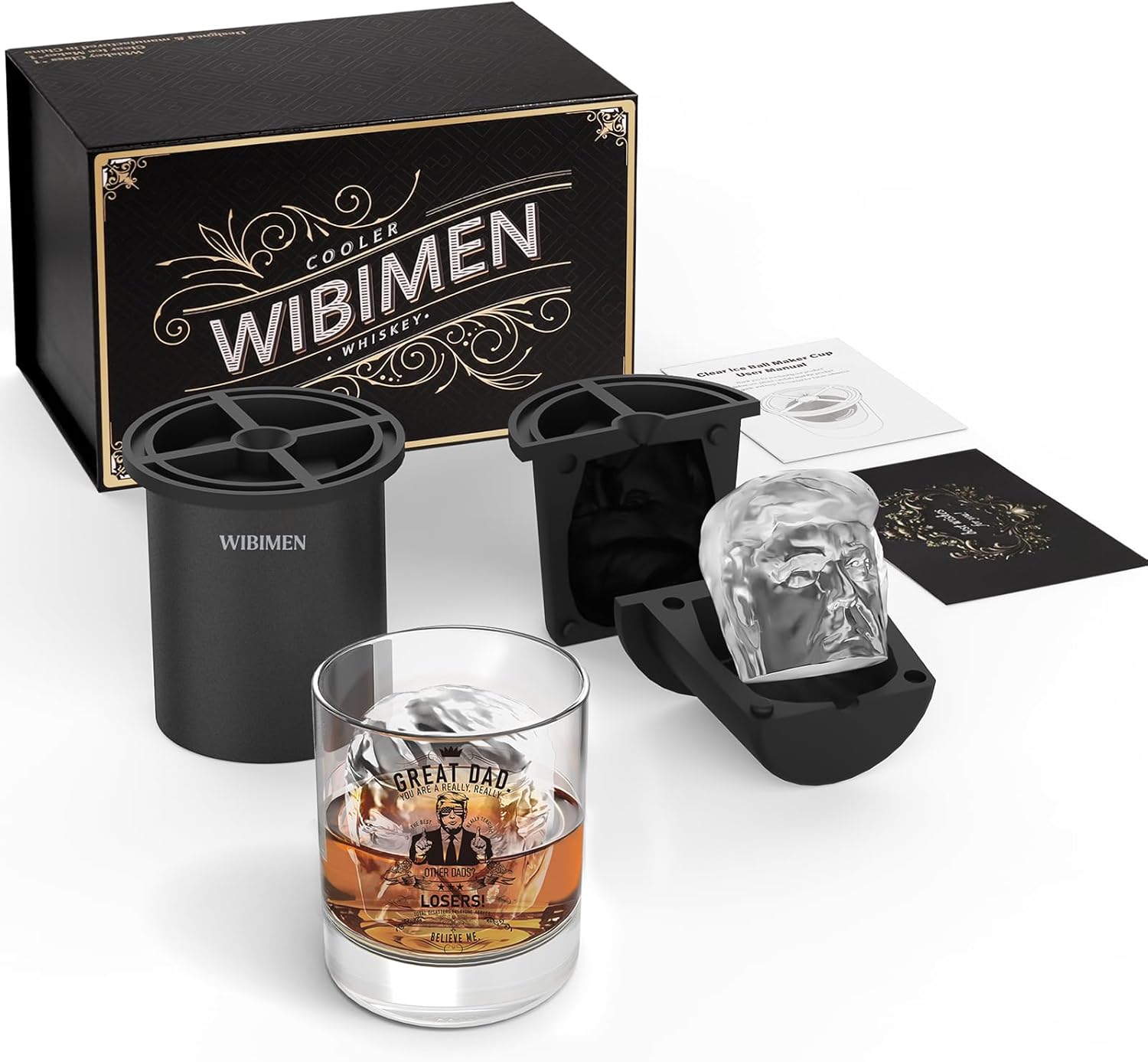 WIBIMEN Whiskey Ice Cubes Mold Set for Men, Dad, Husband, Men’s Gifts Set with Whiskey Glass, Clear Ice Cube Maker, and Greeting Card, Bourbon Gifts for Men，Old Fashioned Glass Set for Father