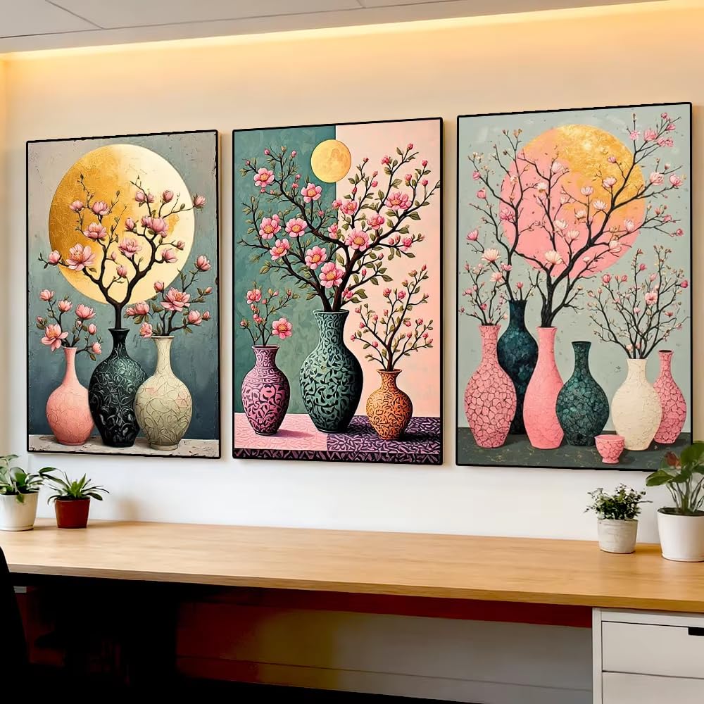 XIANGPEIFBH Retro Vase Wall Art Canvas Painting Pink Magnolia Vase Poster Print Modern Living Room Home Decoration((70x100cm/28x39in) x3/Unframed)