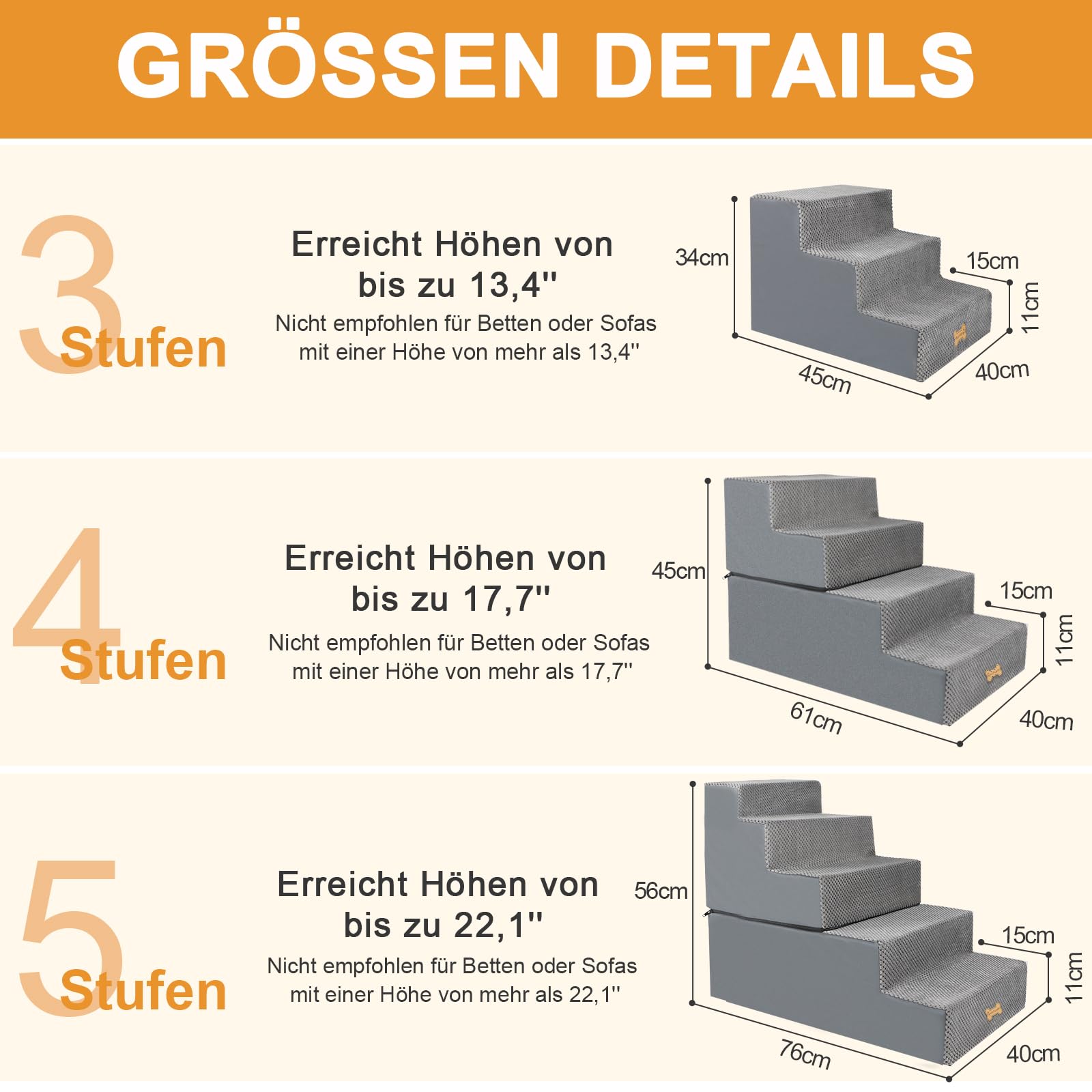 Nepfaivy Hundetreppe für Kleine Hunde 3-Stufig, Hundetreppe Hunderampe für Bett und Sofa aus Hochdichtem Schwamm, Haustiertreppe mit Abnehmbarem, Waschbarem Bezug und Rutschfestem Boden, 45x40x34cm