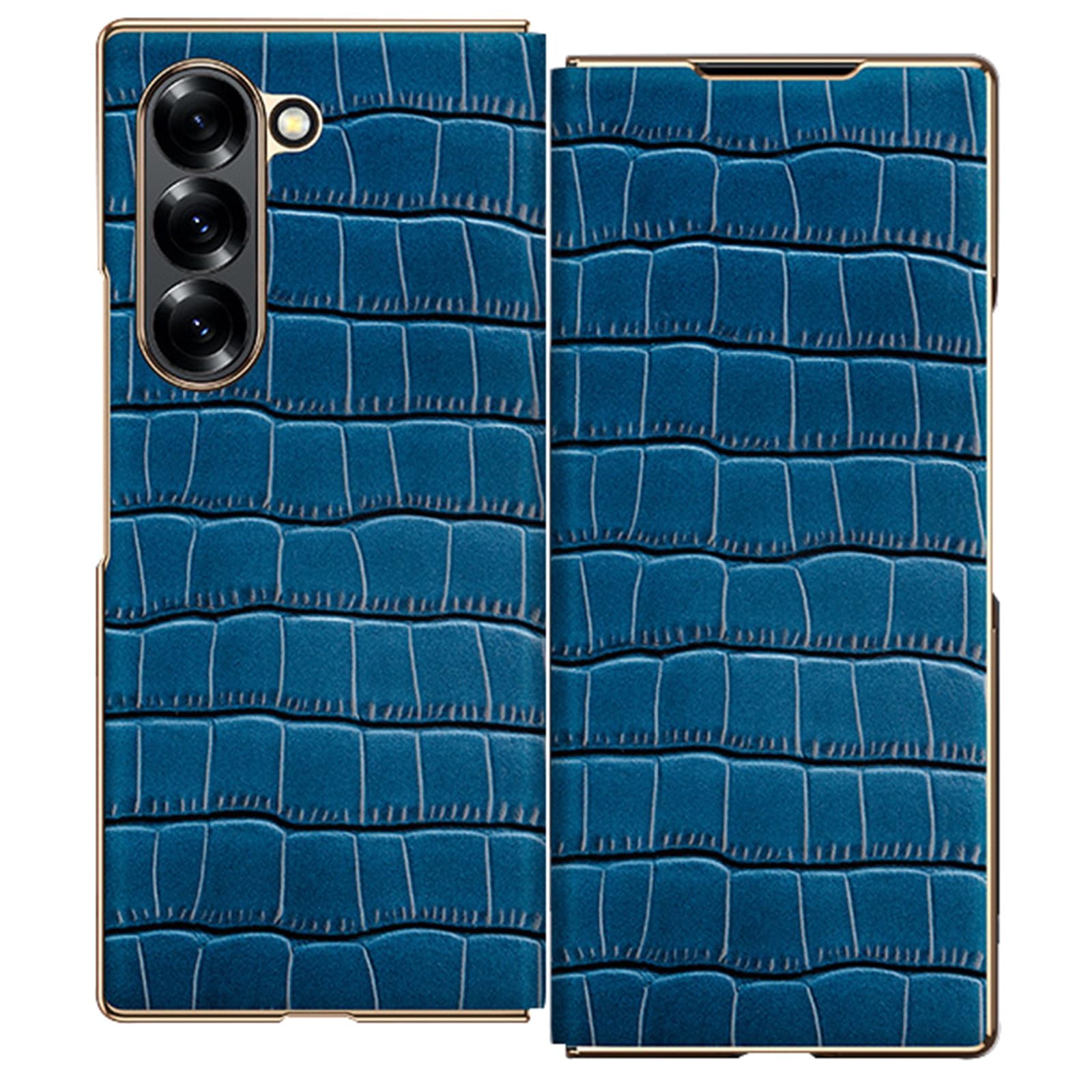 Custodia In Vera Pelle For Samsung Galaxy Z Fold 8 Ultra, Placcatura Bordo Oro Texture Coccodrillo Cover Magnetica Protezione Fotocamera Impugnatura Antiscivolo Slim Flip Shell(Blue)