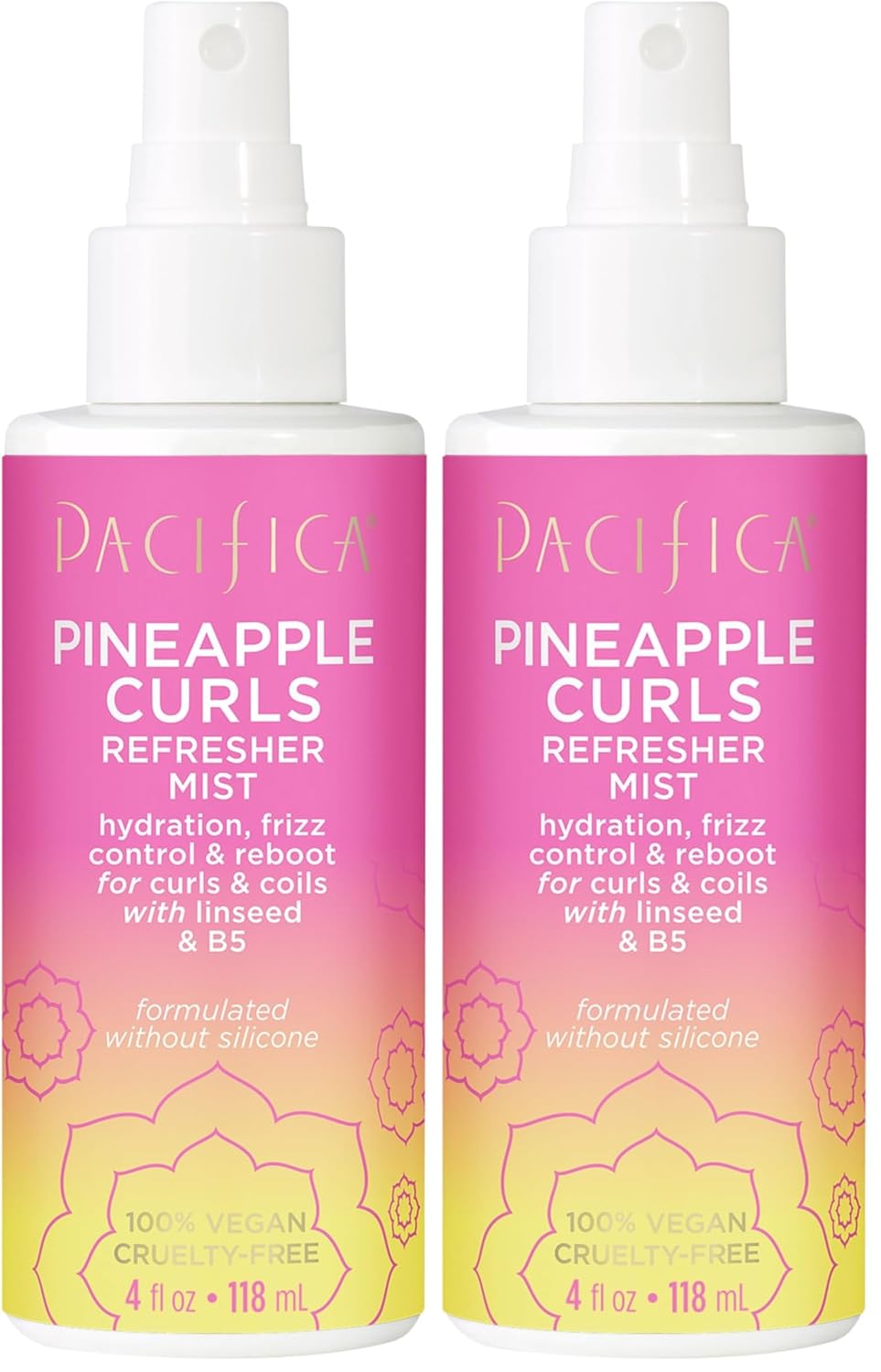 Pacifica Pineapple Curls Refresher Mist-Curl Refresher Spray, with Hyaluronic Acid, Vitamin B5 & Plant Oils, Vegan & Dermatologist Tested Curly Hair Products and Wavy Hair Products-4 Fl Oz(Pack of 2)