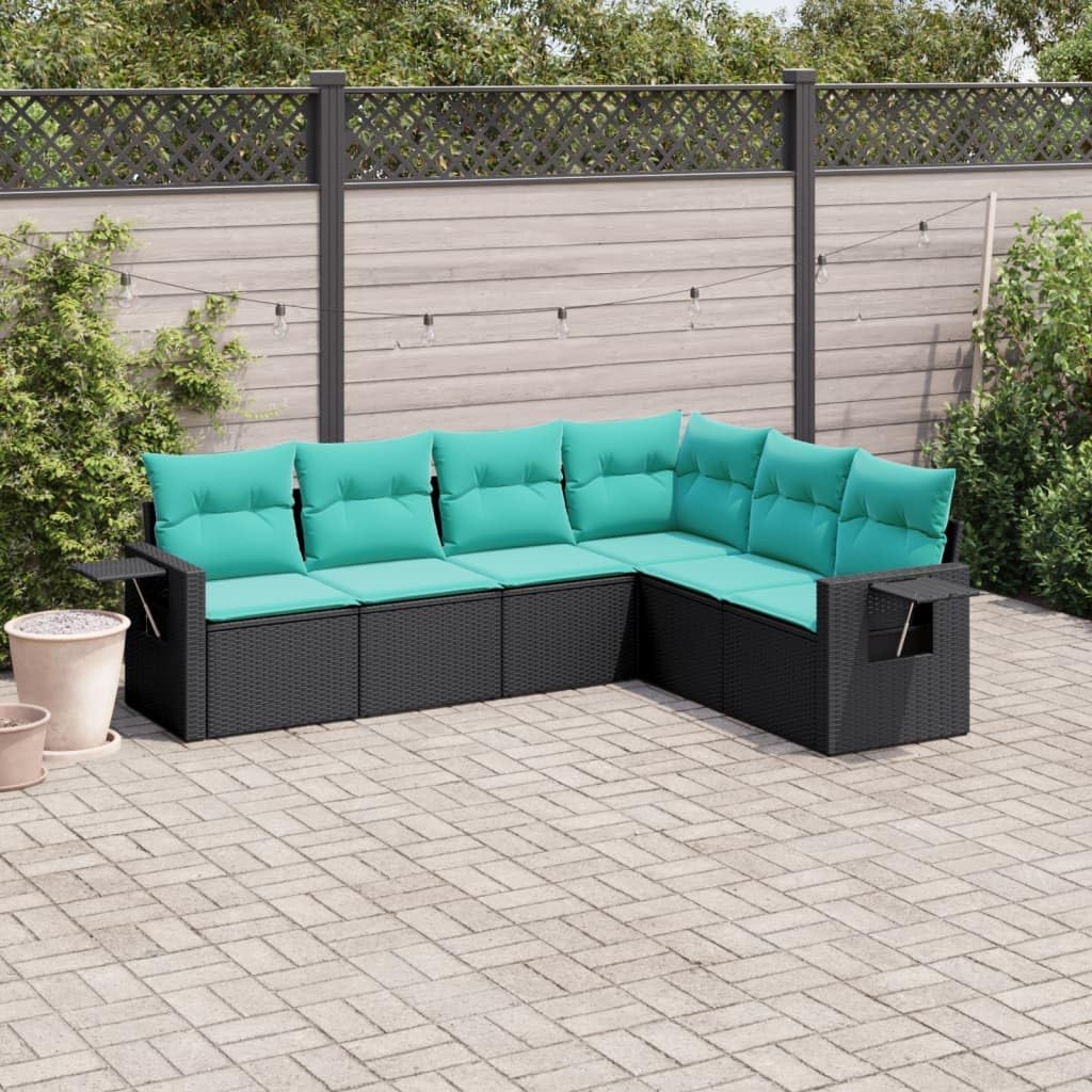 vidaXL Patio Sofa Set with Cushions/Outdoor Furniture 6 Piece Black Poly Rattan - Modular Design, Comfortable Blue Cushions, Foldable Side Tables, Easy Maintenance - Ideal for Patio, Garden, Backyard