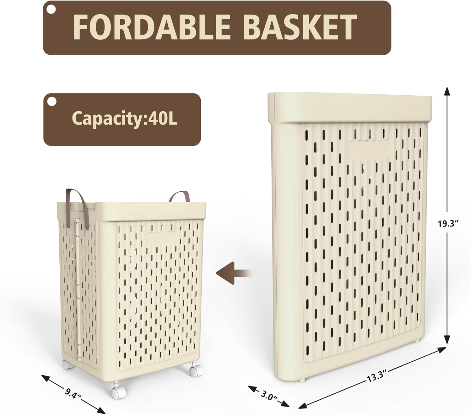 UAK 67L Plastic Laundry Basket with Wheels & Handle, Heavy Duty Foldable Laundry Hamper – Easy Clean Waterproof Rolling Organizer for Bathroom & Laundry Room, Ivory image 2