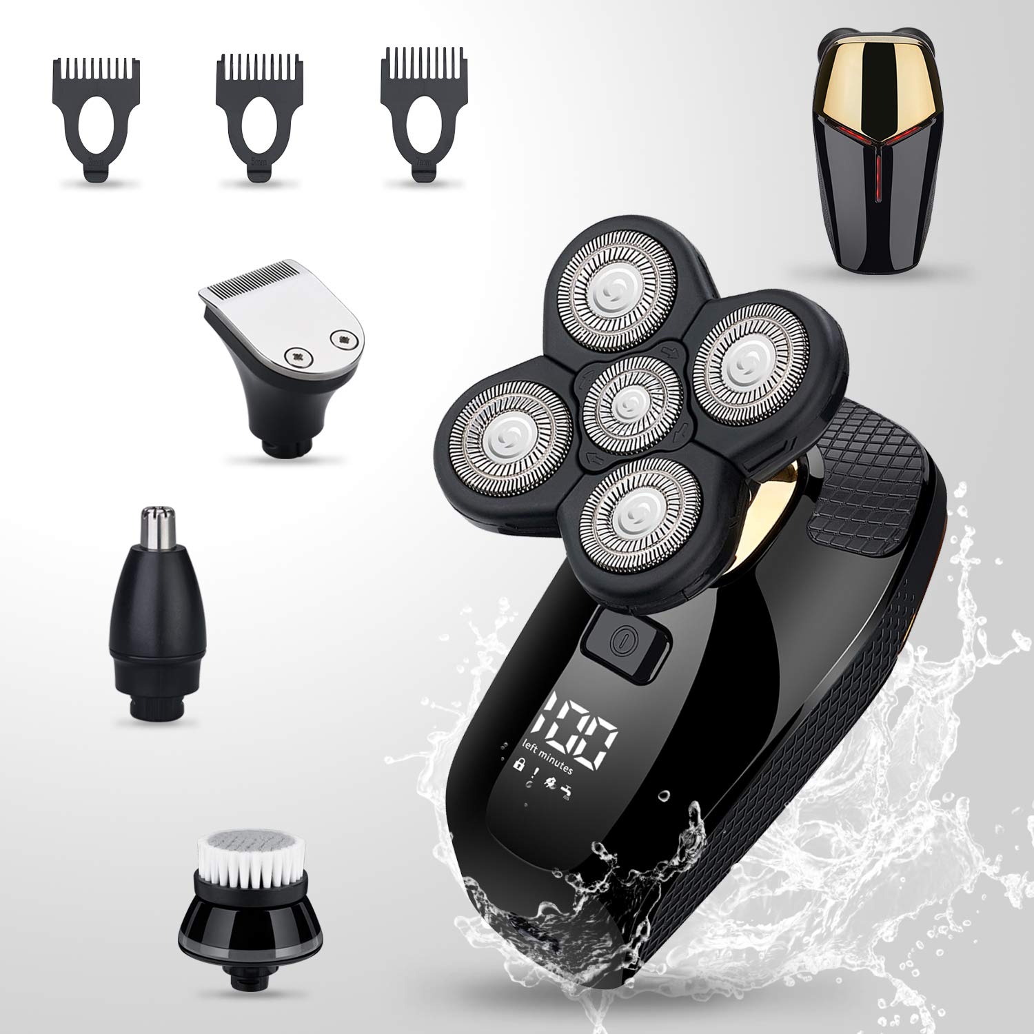 Juego de afeitadora eléctrica 4 en 1, afeitadora calva, húmeda y seca, inalámbrica, con recortadora de nariz y oídos, limpieza facial, recargable, IPX6 impermeable 9