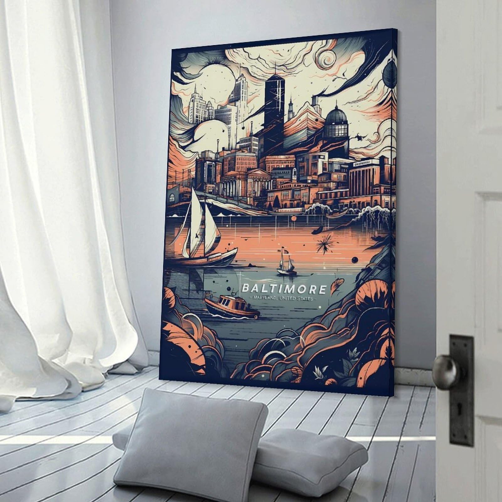 Junmoney Baltimore Urban Landscape Wall Decor Canvas Print, 24x36inch(60x90cm), for Home Lounge, Bedroom Or Reading Nook, Decorative Artwork for Empty Walls