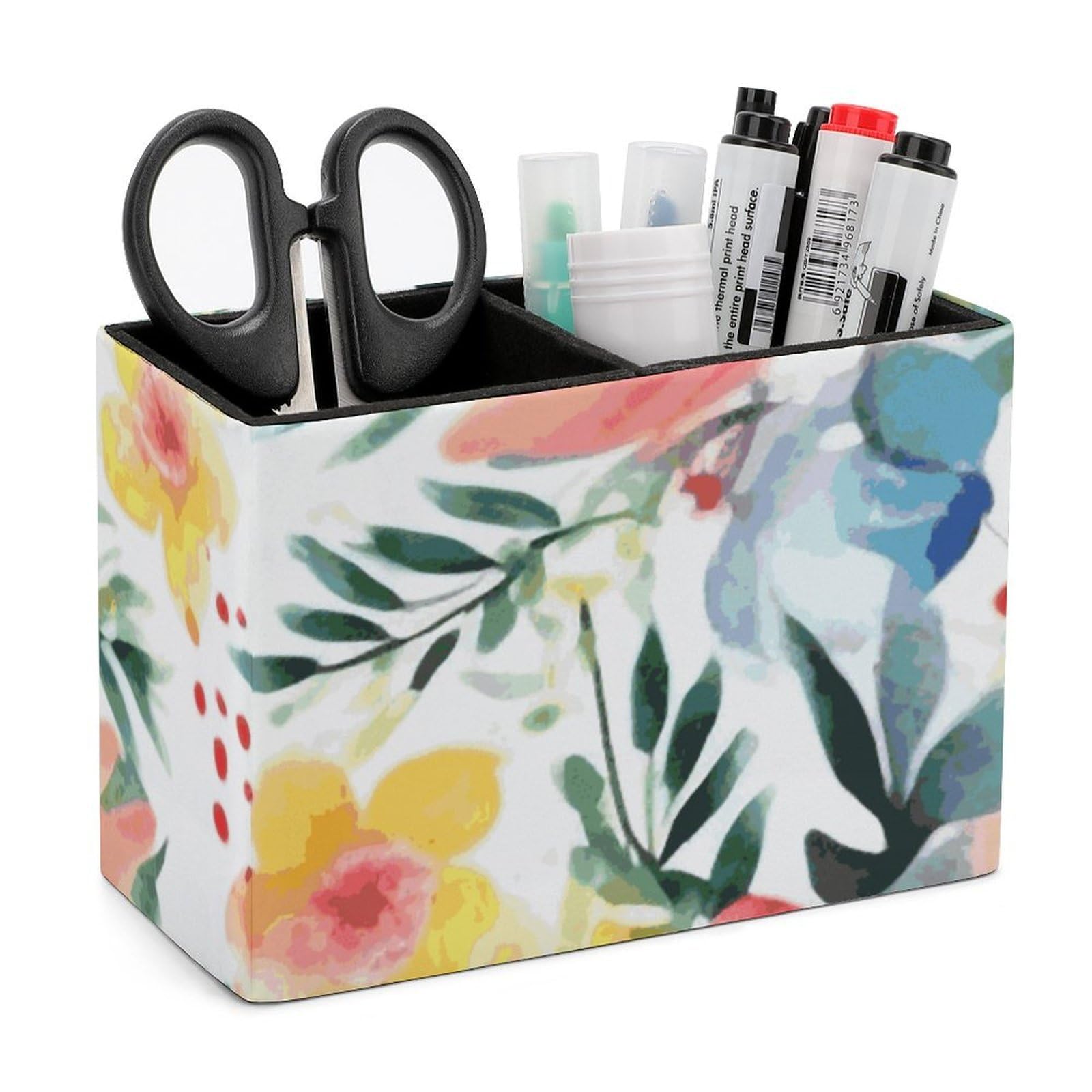 JTREHY Bright Floral Watercolor Pencil Holder Exquisite Fashion Leather Pen Receptacle Soft High-End Pen Container for Office Home Accessories Or Housewarming Present