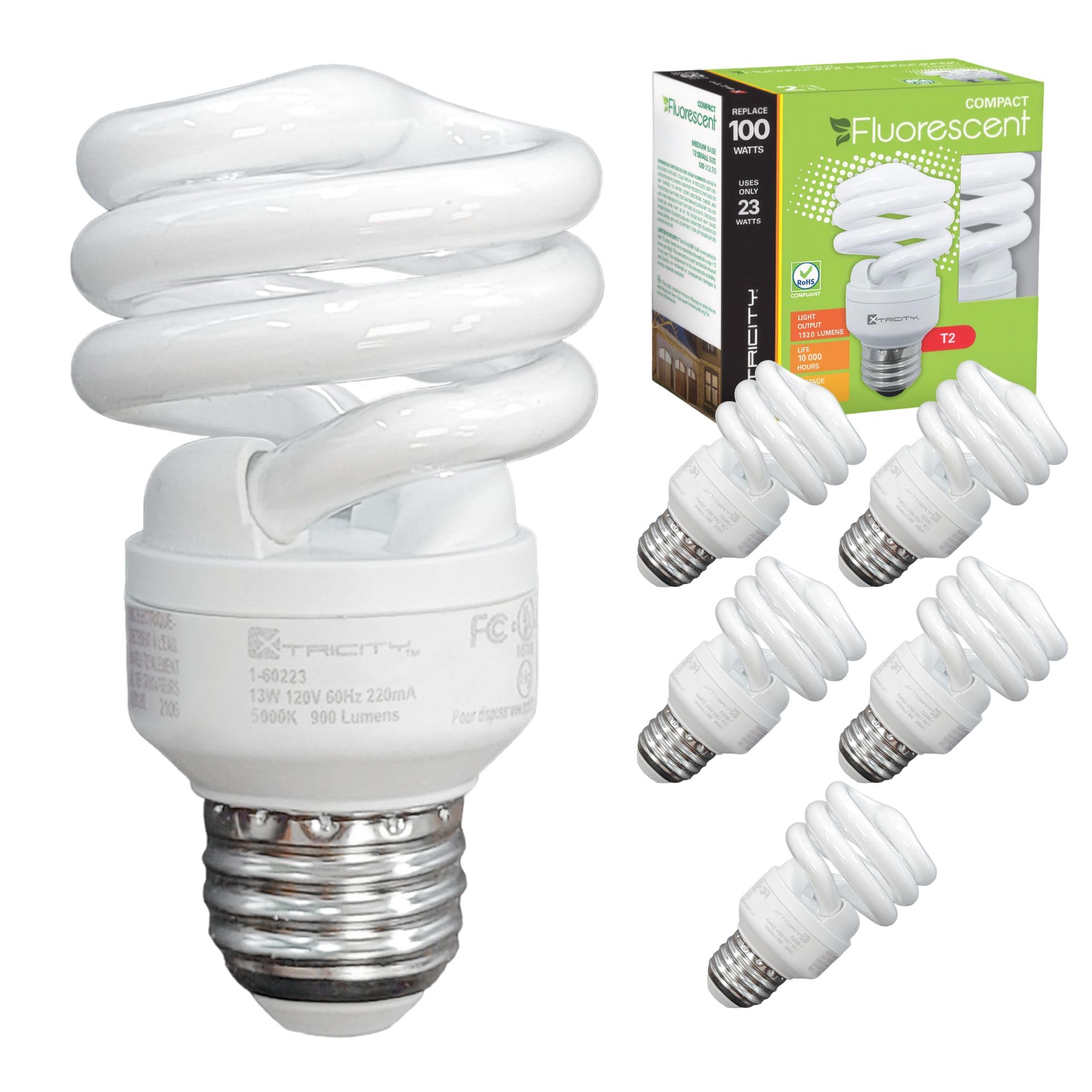 Xtricity Compact Fluorescent Light Bulbs T2 Spiral, E26 Base, 23W (100W Equivalent), 4100k Cool White, 1520 Lumens, CFL, 120V - UL Listed, (6 Pack)