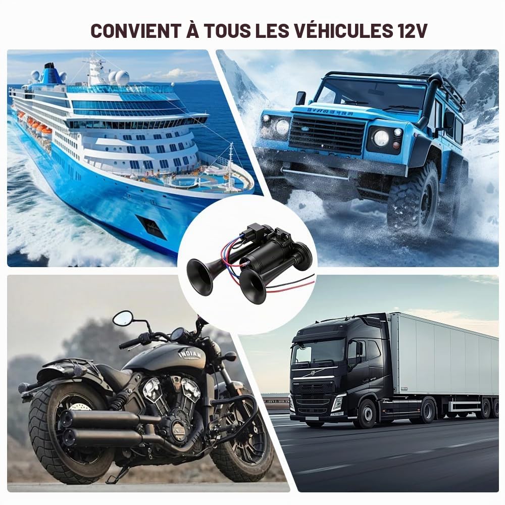 Klaxon Camion 12V, 600DB Klaxon de Voiture Super Puissant, Kit de Klaxons de Train avec Compresseur, Klaxons à Air Double Trompette pour véhicules 12V, Camions, Voitures, Bateaux, SUV, Train