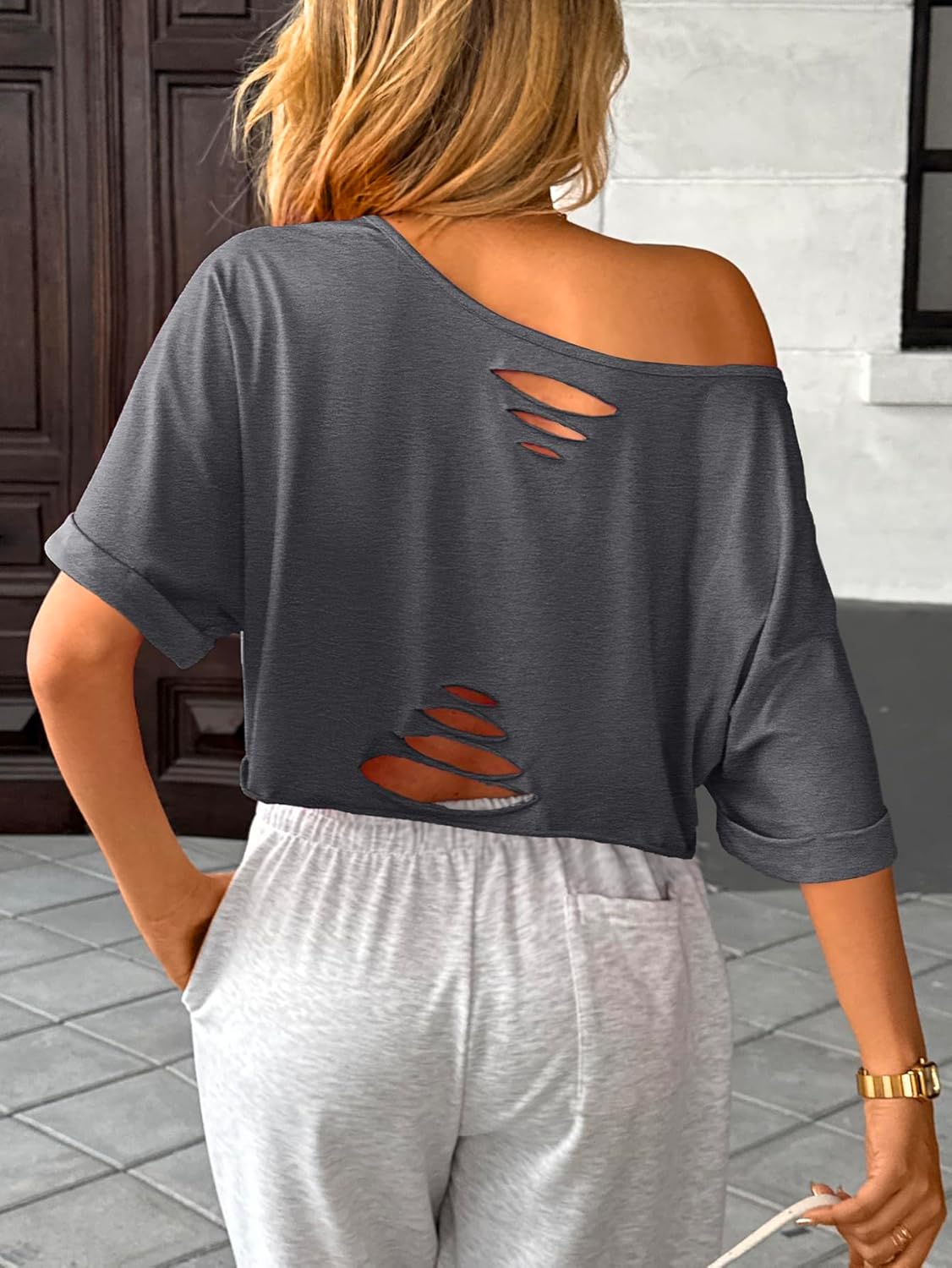 SOFIA'S CHOICE Women Distressed Off Shoulder Crop Top Ripped Loose Short Sleeve T Shirt - Image 4