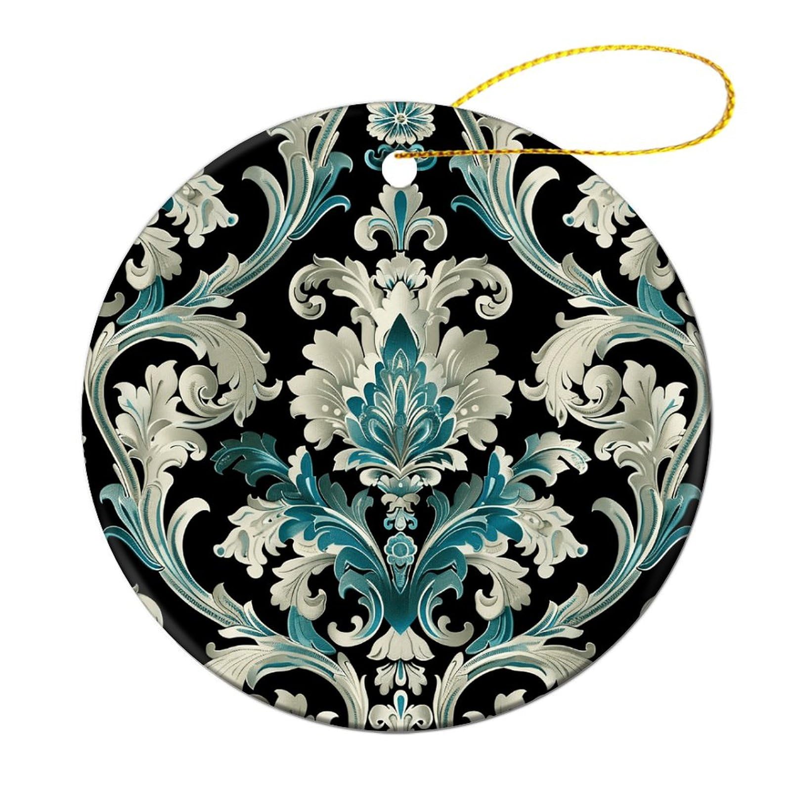 Btcowzrv Style Teal And Cream Christmas Ornaments Ceramic Christmas Tree Hanging Decorations With Gold Ribbon Round Xmas Pendant For Christmas Decorations 2024 Christmas Tree Ornaments Gifts