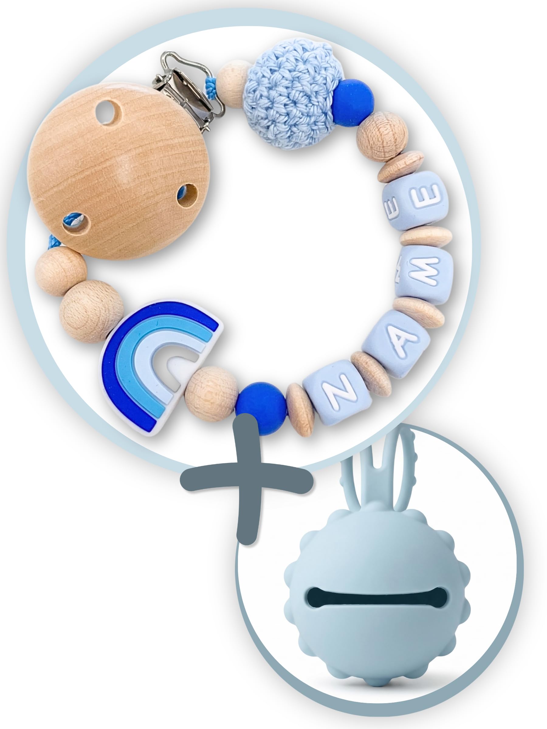 Schnullerkettenwelt Schnullerkette mit Namen - personalisiert aus Silikon und Holz für Baby Mädchen & Jungen mit Wunschname (Blau)