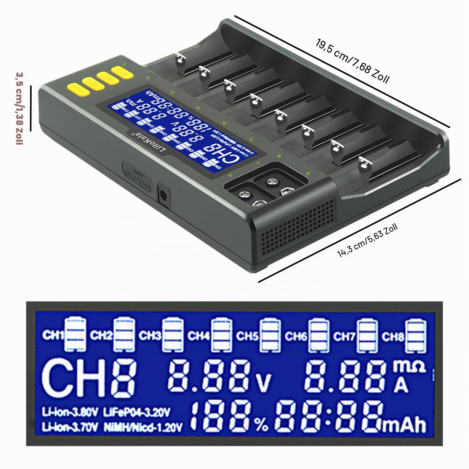 LiitoKala Lii-S8 Akkuladegerät Schnellladegerät mit LCD-Display Touching Control, 18650 8 Steckplätze 9V Ladegerät für Li-Ionen LiFePO4 Ni-MH Ni-Cd AA AAA C 21700 26650 13650 16340 18700 RCR123