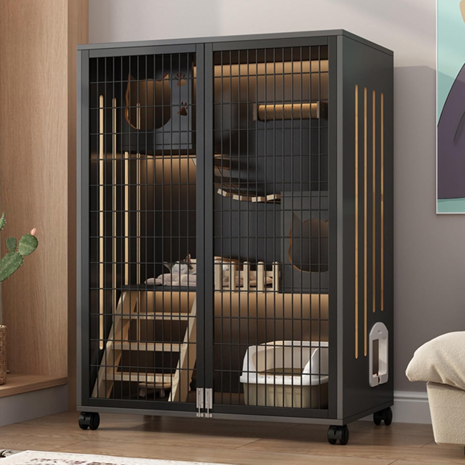 Cat Playpen, Panoramic see-through Cat Enclosures, Indoor luxury cat villa, DIY cat playpen, Hollow design on both sides to avoid stuffiness, for indoors or outdoors(Gray+Black,47.2x47.2)