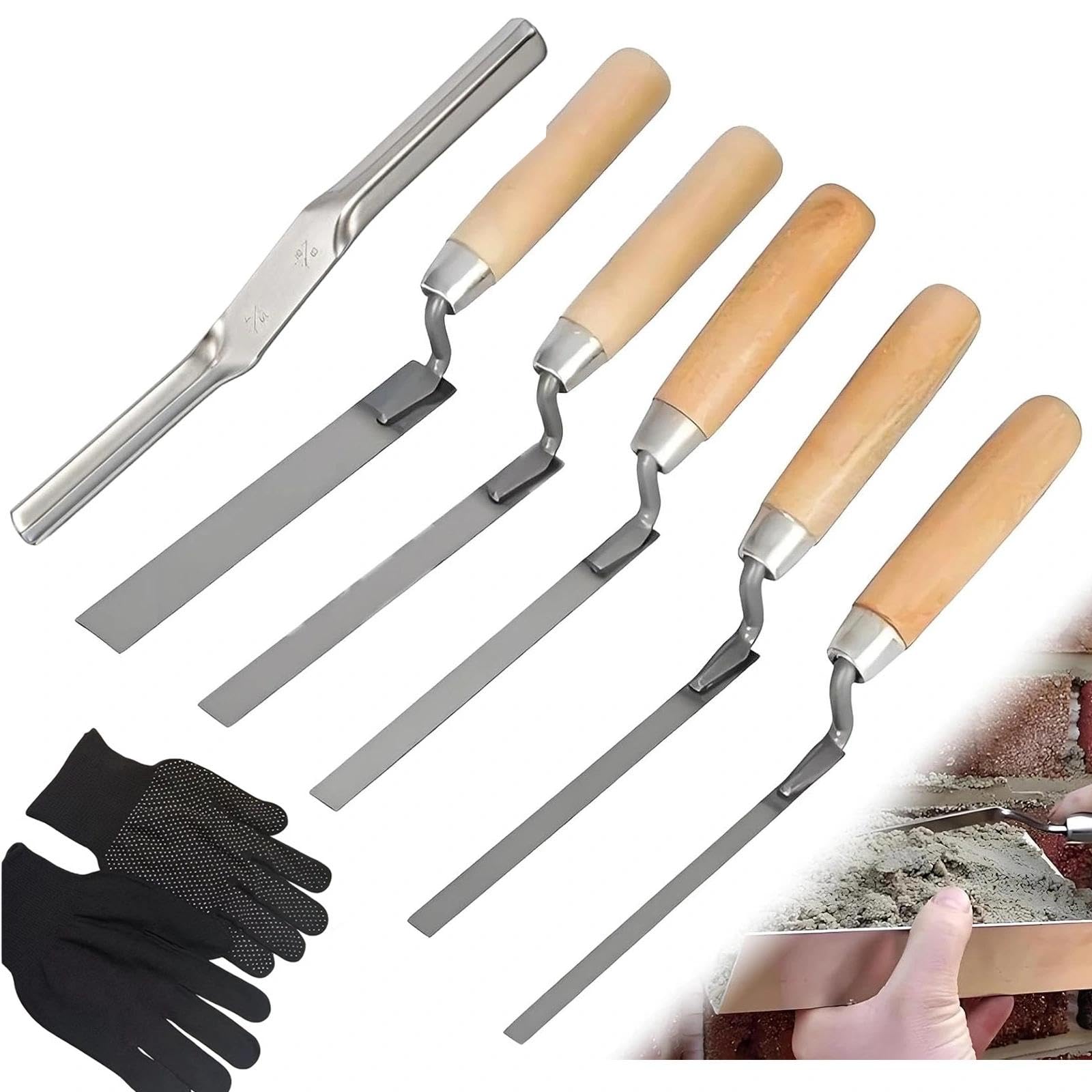 7 Pcs Pointing Trowel Set with Jointing Tool and Gloves, Stainless Steel Finger Tool for Bricklaying, Masonry Work & Patio Grouting, Flat Tuck Pointer Kit with Wooden Handle for DIY Gap Repairs