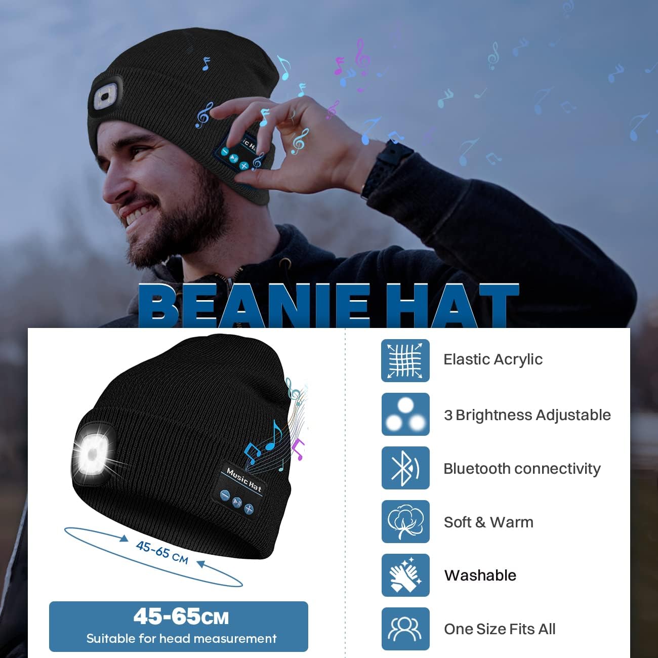 Bosttor Bluetooth Beanie Hat with Light, Headlamp Cap with Headphones and Built-in Speaker Mic, Gifts for Men Women Teen