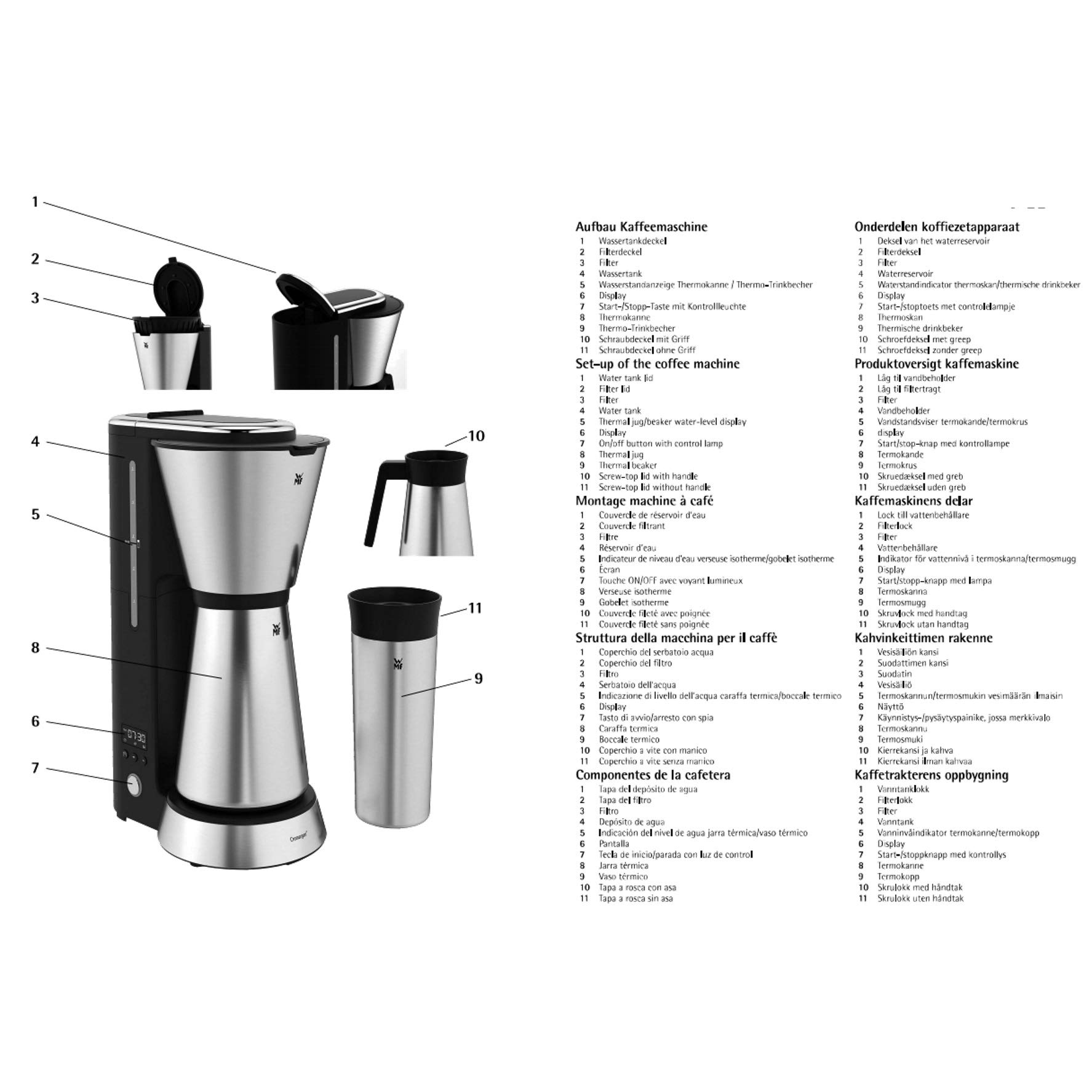 WMF KitchenMinis Macchina da caffè Aroma Thermo to Go in Acciaio Inox 18/10 Cromargan, potenza 870 W, con filtro, caraffa termica 650 ml e thermos 350 ml, finitura satinata opaca