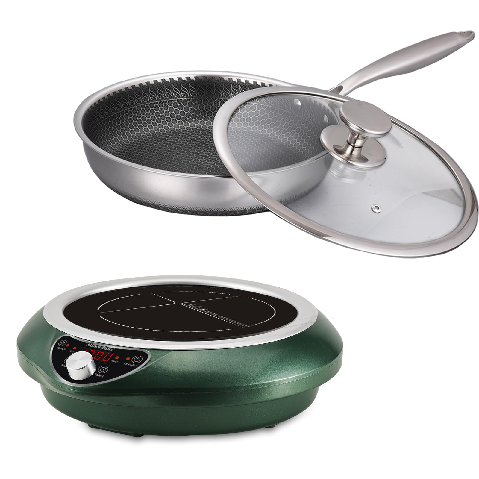 Abangdun Induction Cooktop with Skillets1800W 120V Burner Cooker Nonstick Flat Pan Electric Stove Hot Plate Heat Evenly Fry Pan for Steak