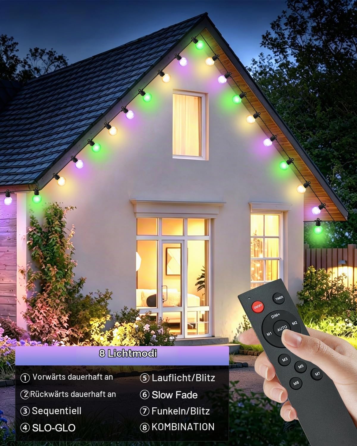 LED Lichterkette Außen Strom, Warmweiß & Farbwechsel, 15M 24 Glühbirnen, 8 Modi Lichterkette Outdoor mit Fernbedienung, IP68 G40 Lichterketten für Innen Garten Balkon Pavillon Terrasse Deko