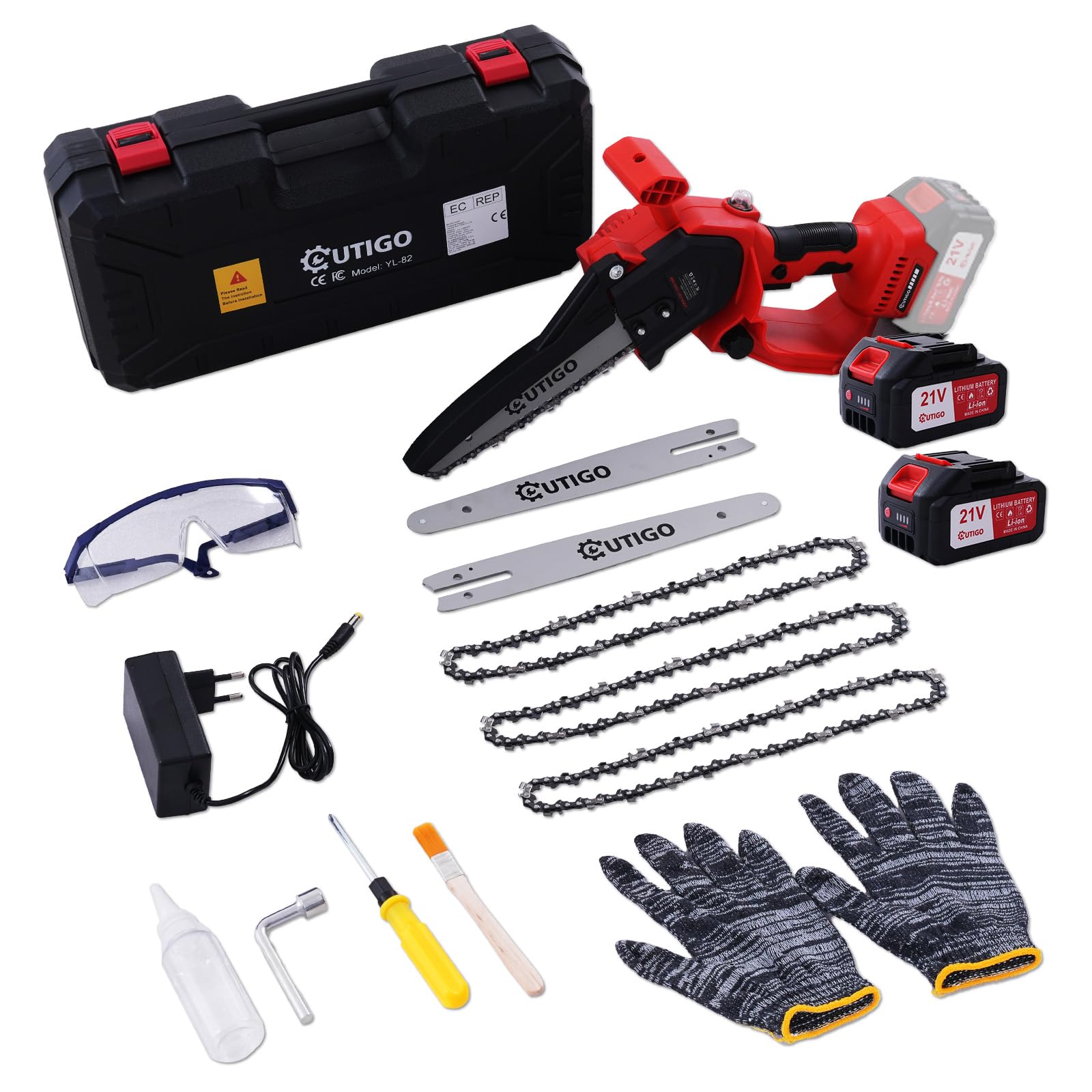 OUTIGO Akku Kettensäge 8 Zoll, Bürstenloser Motor 800W, 2x 4000mAh Lithium-Ionen Akku, Handkettensäge für Baum- und Astschnitt, Gartensäge für Holzarbeiten (mit Ladegerät)