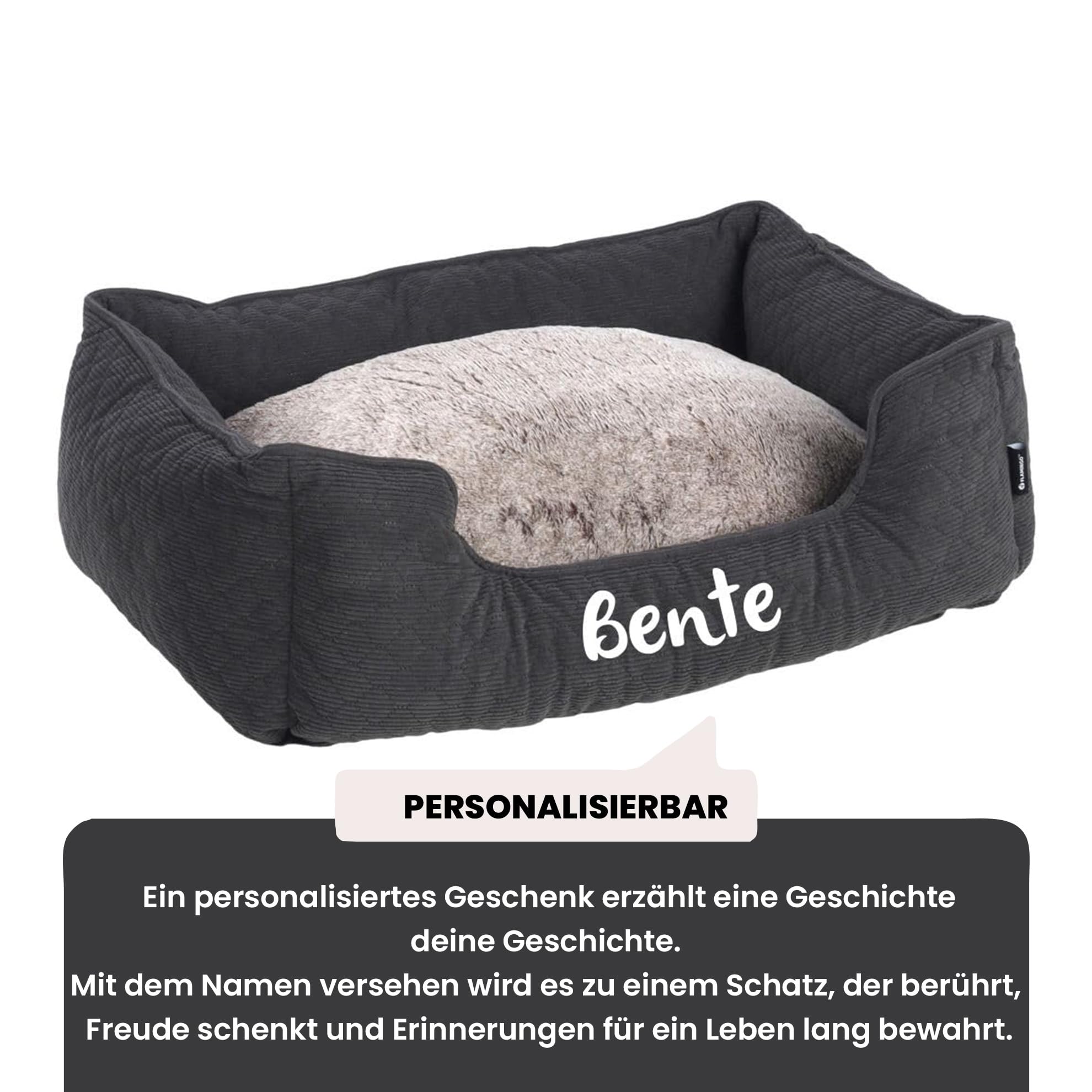 Personalizable cama para perro rectangular 100×80×25 cm Gris Oscuro–suave & cómoda con cojín reversible–base antideslizante & funda lavable –ideal para perros grandes–personalizada con nombre–Petslino