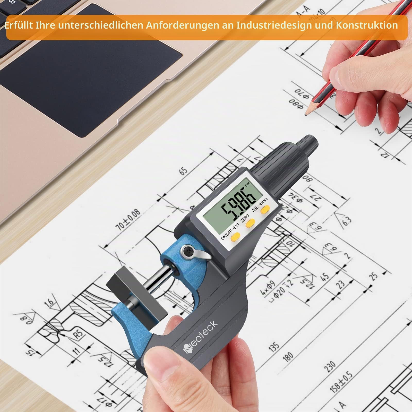Neoteck Digitaler Mikrometer Mikromessschieber Bügelmessschraube elektronisch 0-25 mm mit LCD-Display Micrometer 0,001 mm / 0,00005 "