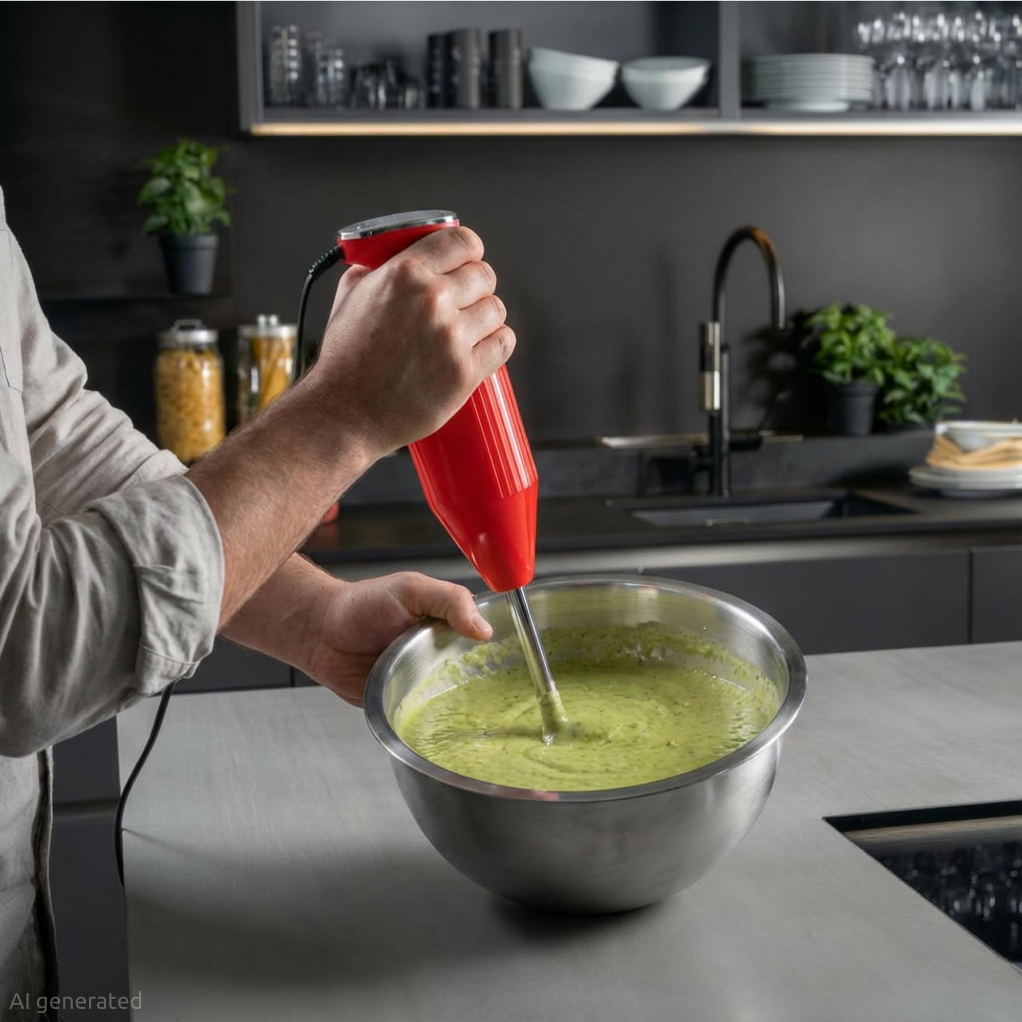 bamix Set mixeur plongeant M350 MAXX avec couteau multifonction, viande et légumes, fouet, batteur en inox, 300 W, 2 vitesses, Fabriqué en Suisse, Rouge/chrome