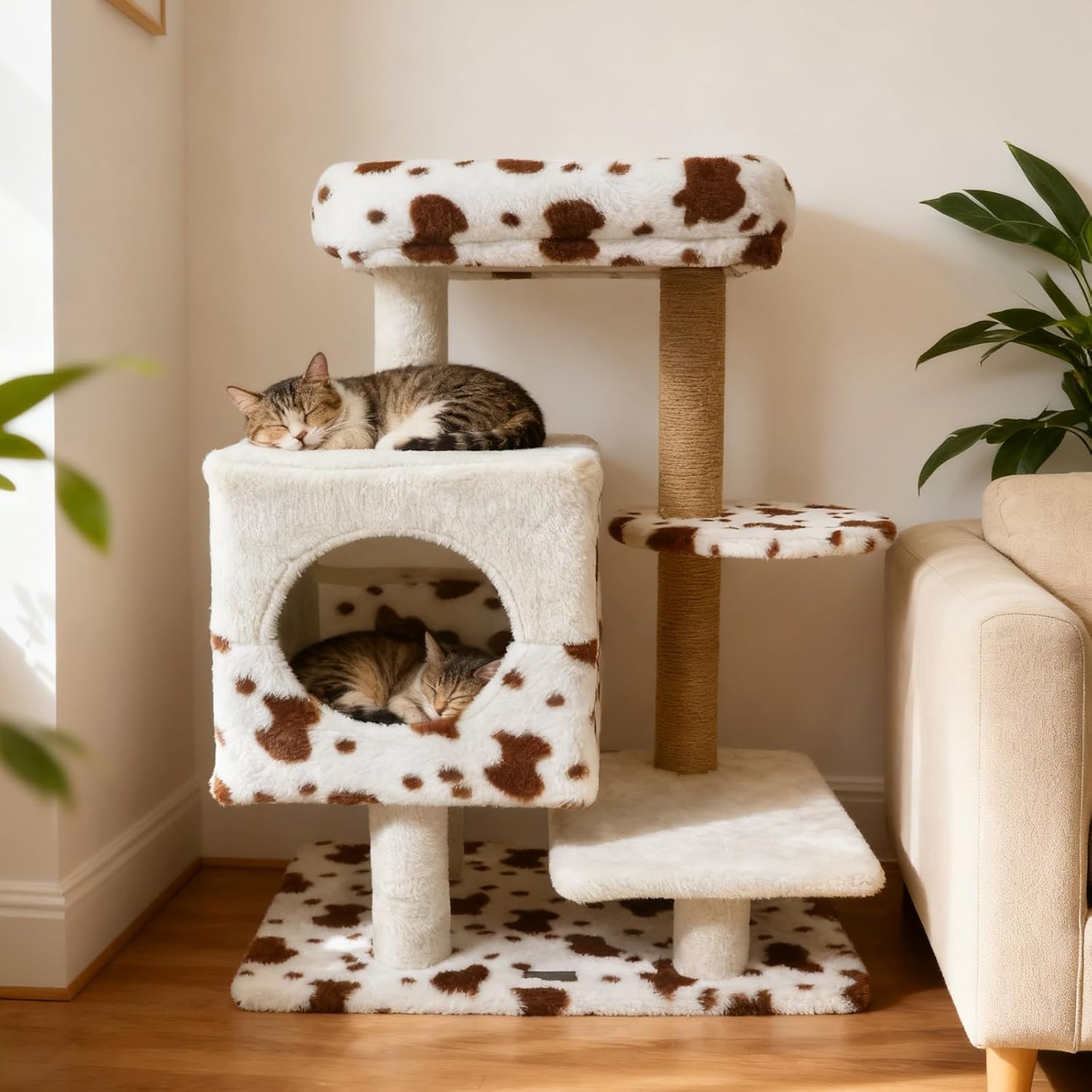 PETSITE 30-inch Small Cat Tree, Unique Cow Print Modern Cat Tree with Jute Scratching Posts, Comfy 2-Door Condo, Soft Upholstered Top Perch, Multiple Jumping Platforms, Ideal for Indoor Cats