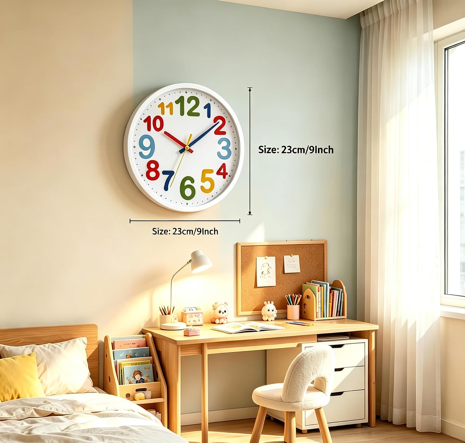 9 Inch Kids Silent Wall Clock, Non-Ticking Battery Operated Quartz Analog Clock, Ideal for Kids Room, Living Room, Classroom, Nursery, Studying Room, Playroom image 2