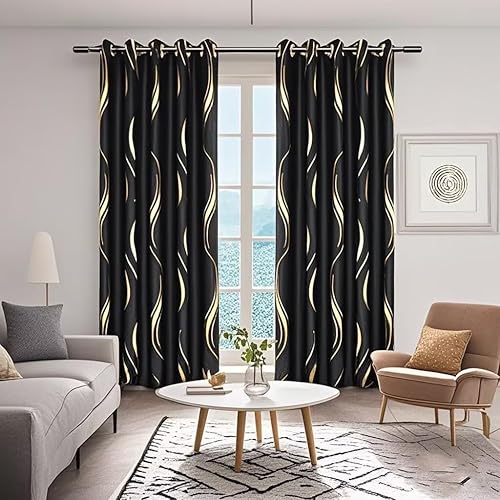 Miniatura 2 de MYRU 1 par de cortinas opacas negras para dormitorio, cortinas a rayas de lujo para sala de estar (negro y dorado, 2 x 54 pulgadas de ancho x 90