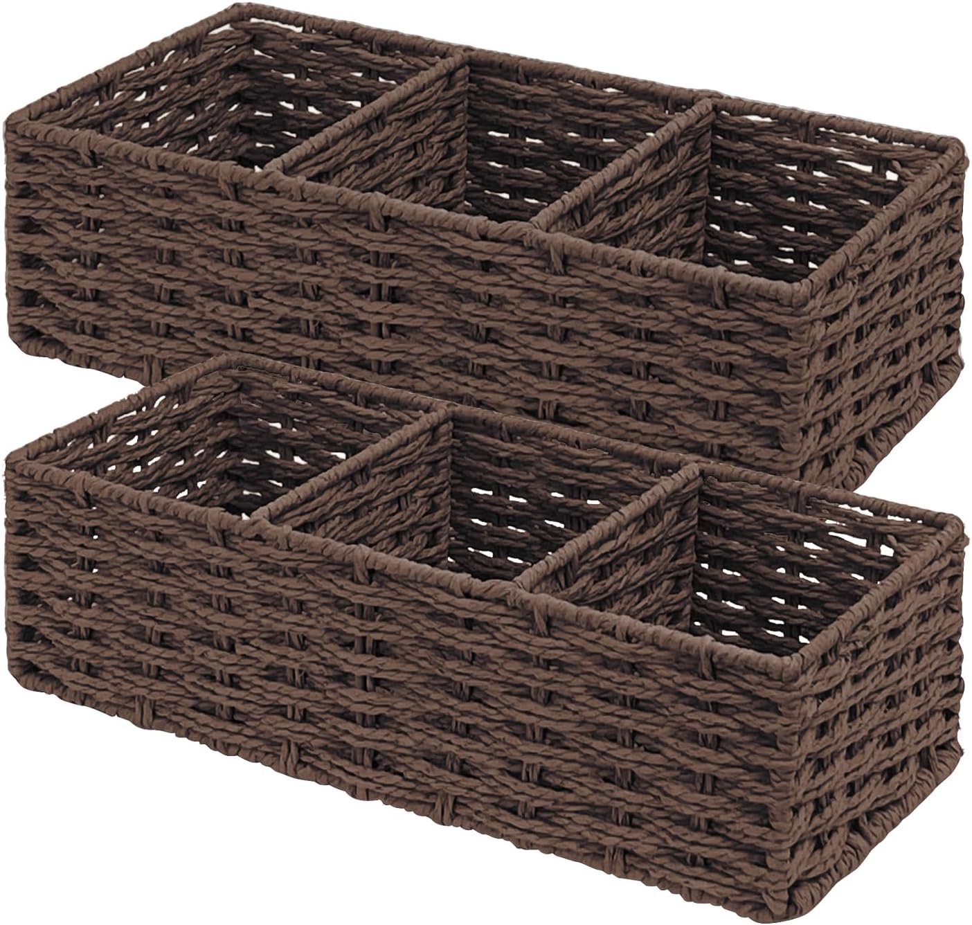 Seagrass Wicker Basket for Toilet Tank Top, 3-Compartment Handwoven Bathroom Organizer for Toilet Paper, Pads, and Accessories (2, Walnut)