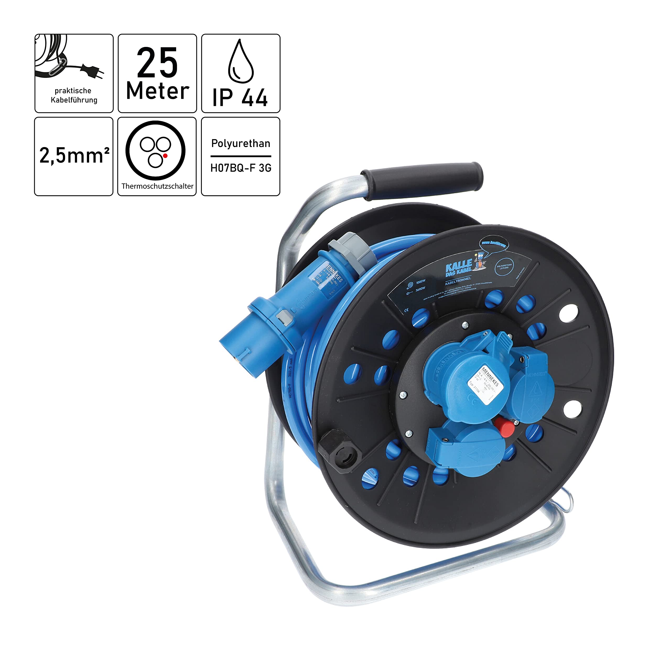 KALLE DAS KABEL Rallonge Electrique Enrouleur KTP 25m CEE, Enrouleur electrique professionnel, Polyuréthane H07BQ-F 3G 2,5mm² pour camping, chantier, bricolage & jardin, Made in Germany