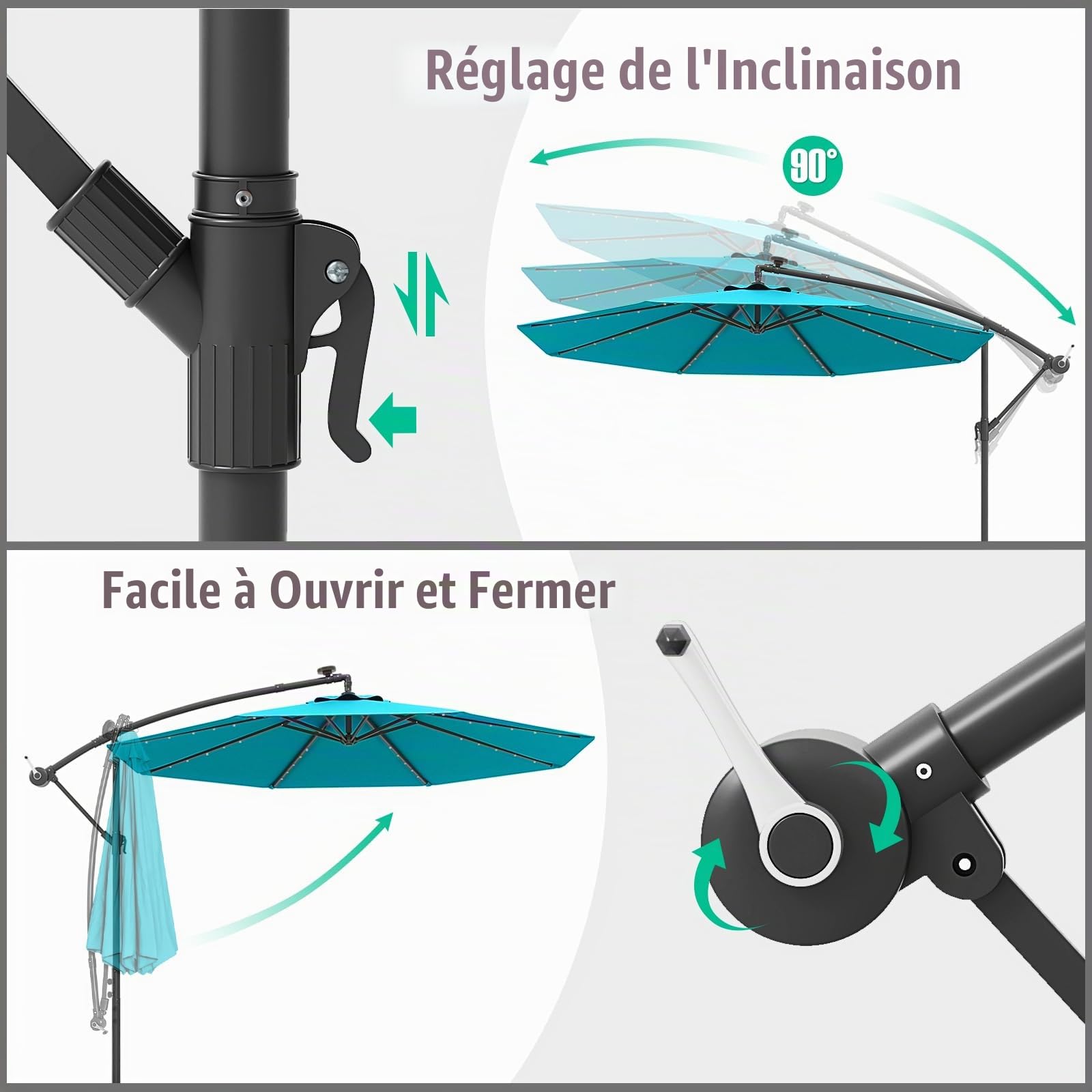 RELAX4LIFE Parasol Déporté 3x3M LED Solaire Inclinable (bleu turquoise)