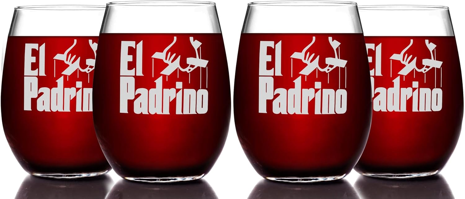 El Padrino Etched Stemless Wine Glass - Premium Quality, Handcrafted Glassware, 15oz. - Perfect Collectible Gift for The Godfather Movie Enthusiasts
