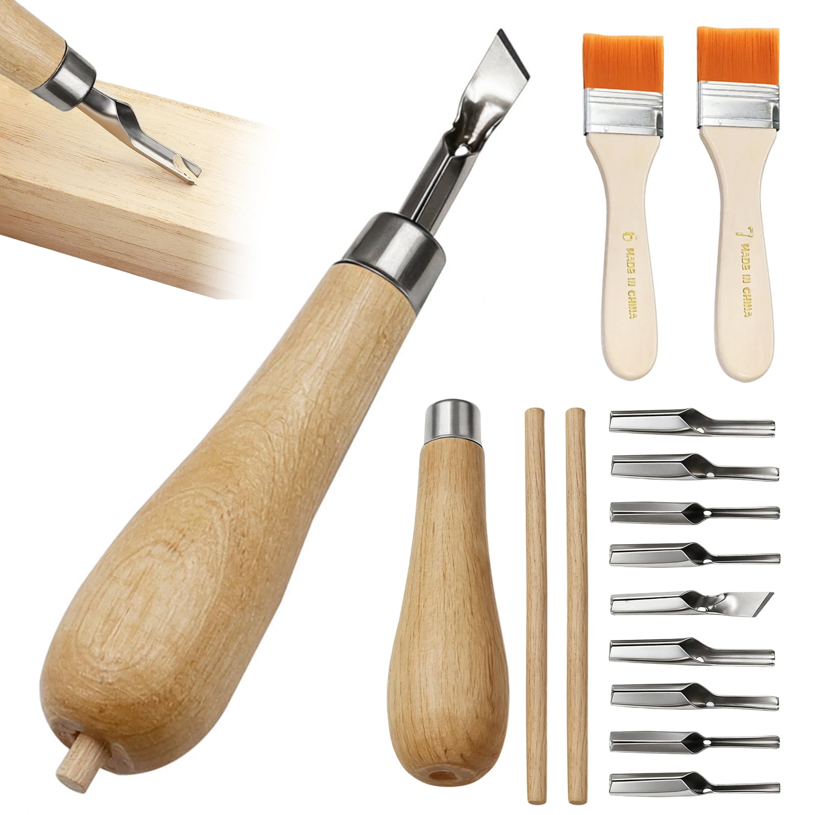 SNSYGN 2 Set Lino Cutting Tools, Wood Handle Lino Printing Kit with 2 Cleaning Brush, Linoleum Cutter Tools for Printmaking Wood Carving Sculpture and Handicrafts Projects