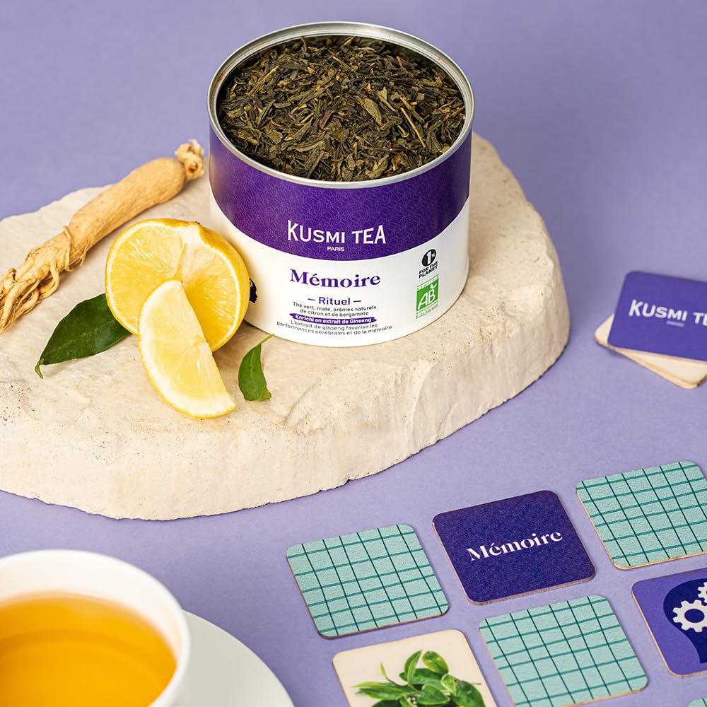 Kusmi Tea - Rituel Mémoire - Thé Vert, Maté Bio - Enrichi en extrait de Ginseng - Arômes Naturels de Citron et de Bergamote - Boîte Thé Métal 100g - Quantité pour environ 50 Tasses